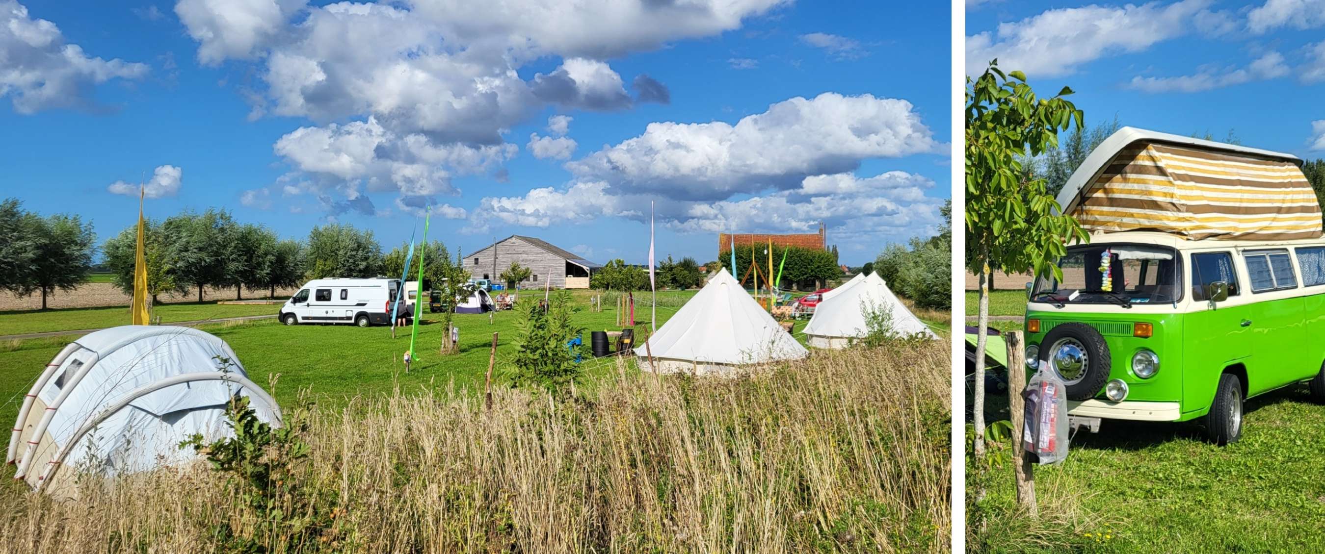 Twee beelden: kampeerveld met tenten en camper; groene retrobus met hefdak