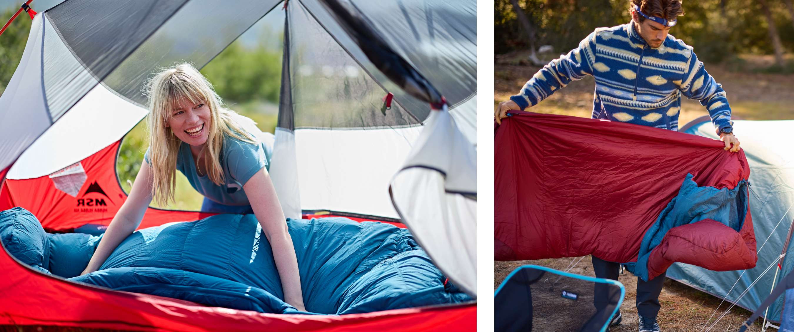 Twee beelden: vrouw zit in een blauwe slaapzak in een rode tent; man houdt een rode slaapzak open op een camping