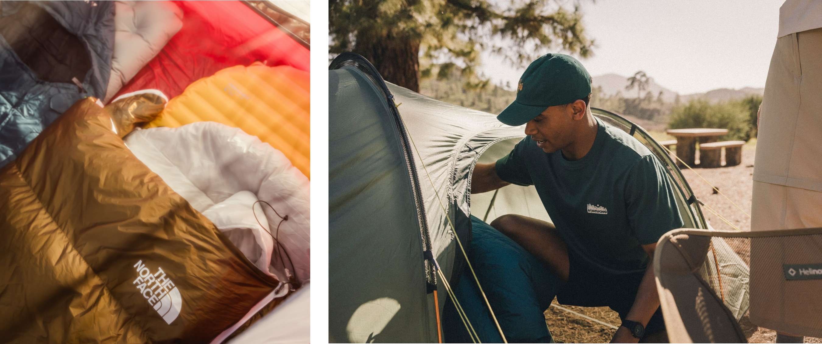 Twee beelden: slaapzakken en mat in een tent; man plaatst een blauwe slaapzak in een groene tent