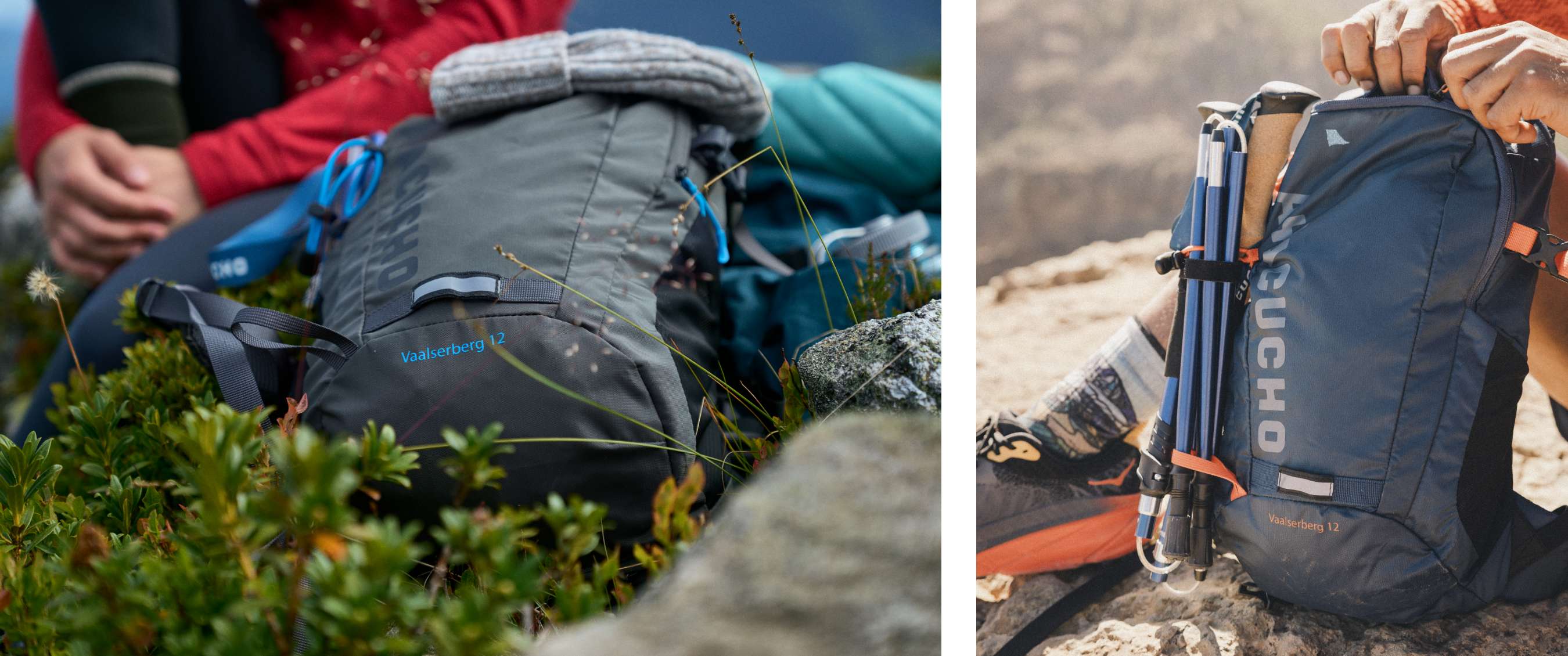 Twee beelden: grijze rugzak ligt tussen rotsen en planten; hand opent een blauwe rugzak met wandelstokken eraan vast.