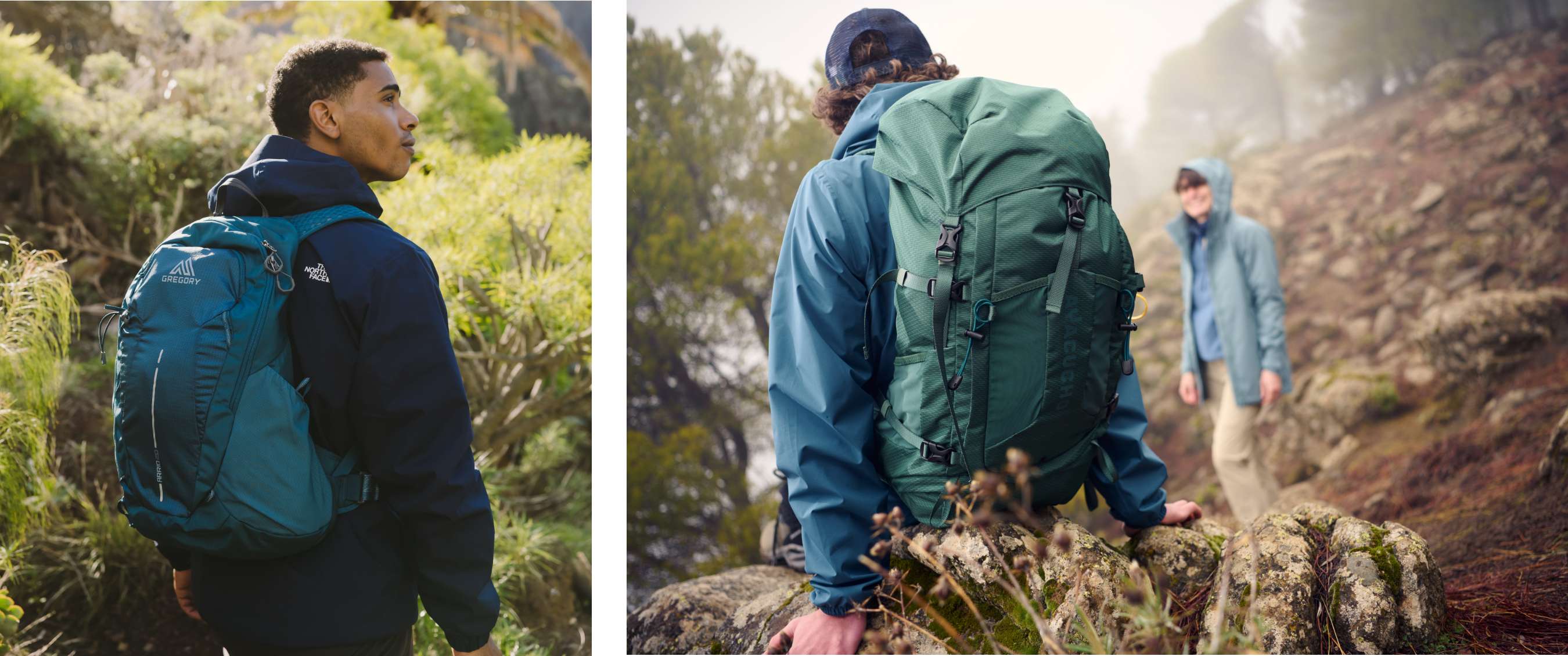 Twee beelden: wandelaar draagt een blauwe rugzak op een bergpad; persoon met groene rugzak zit op rotsen in mistig terrein.