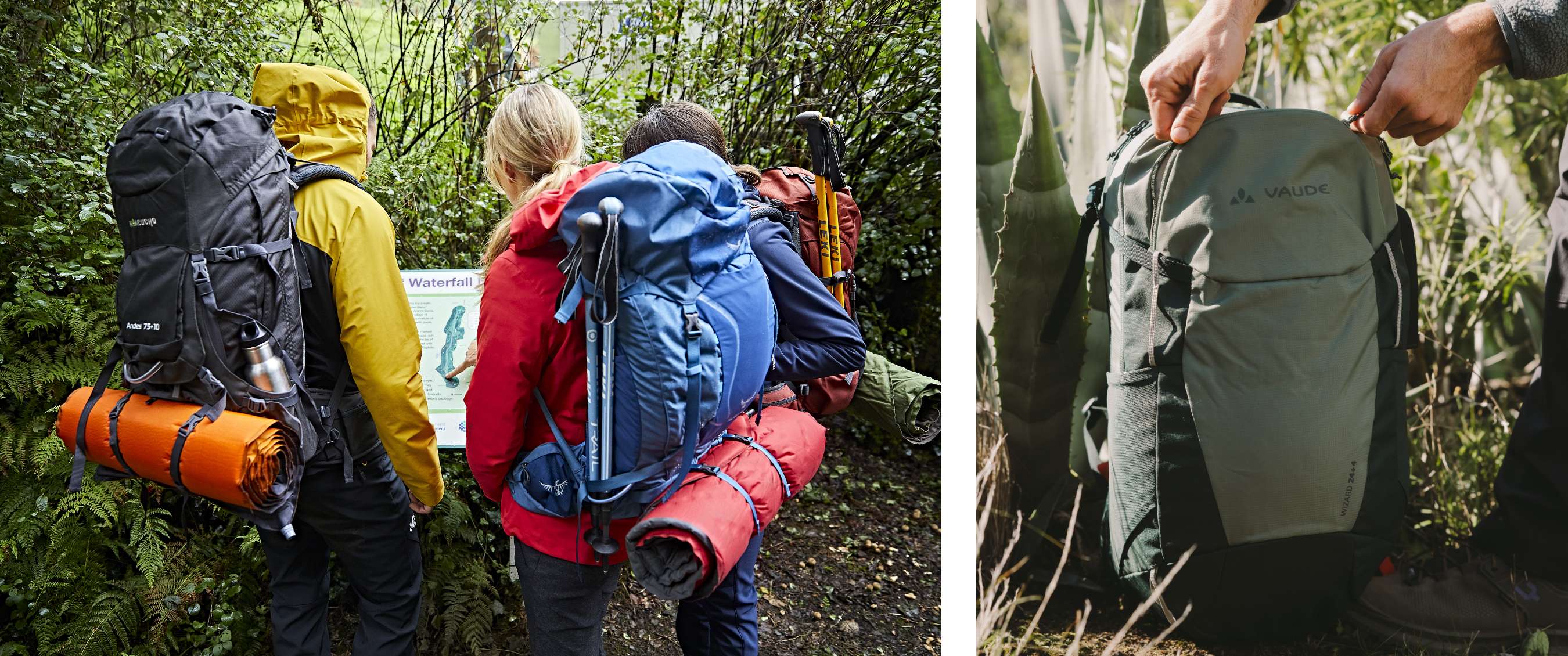 Twee beelden: wandelaars met grote rugzakken bekijken een routebord in het bos; hand houdt een groene rugzak recht tussen planten.