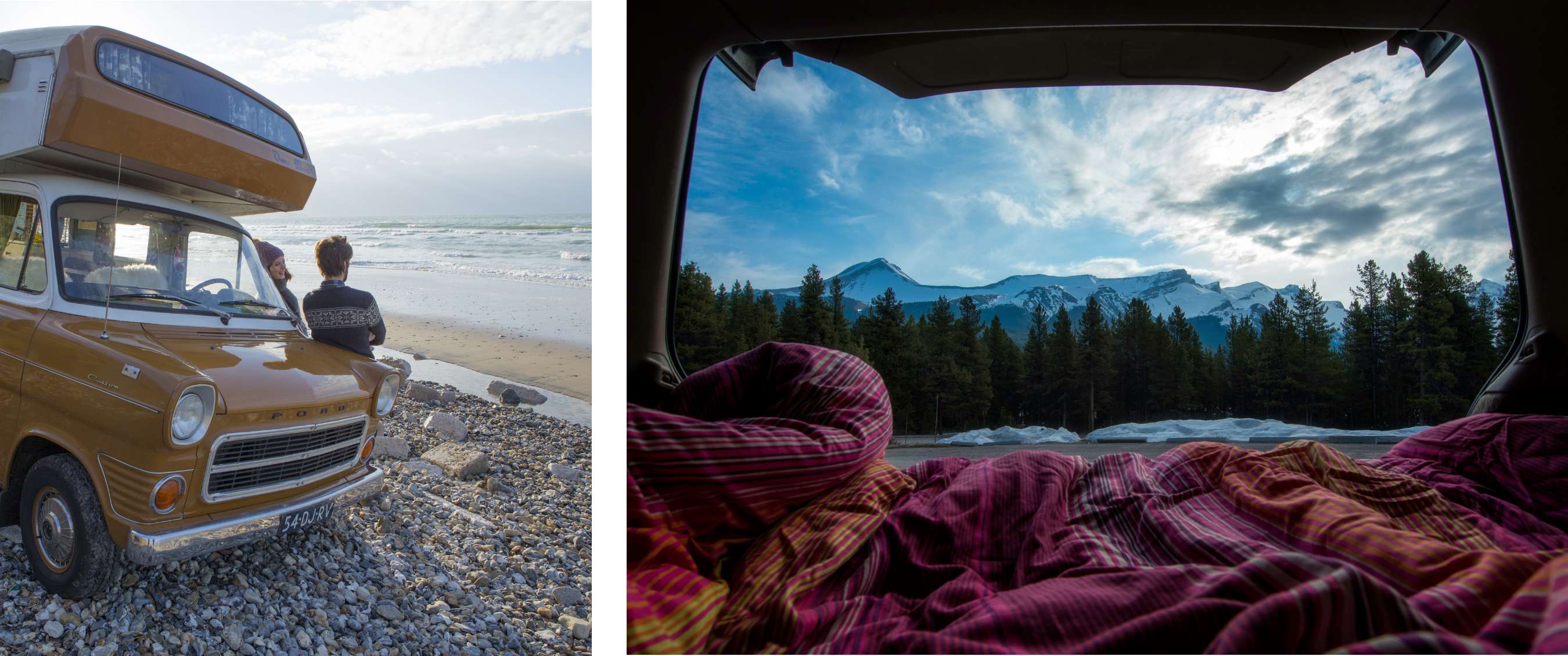 Twee beelden: retro camper staat op een stenig strand; groep staat bij een open camper in een dennenbos.