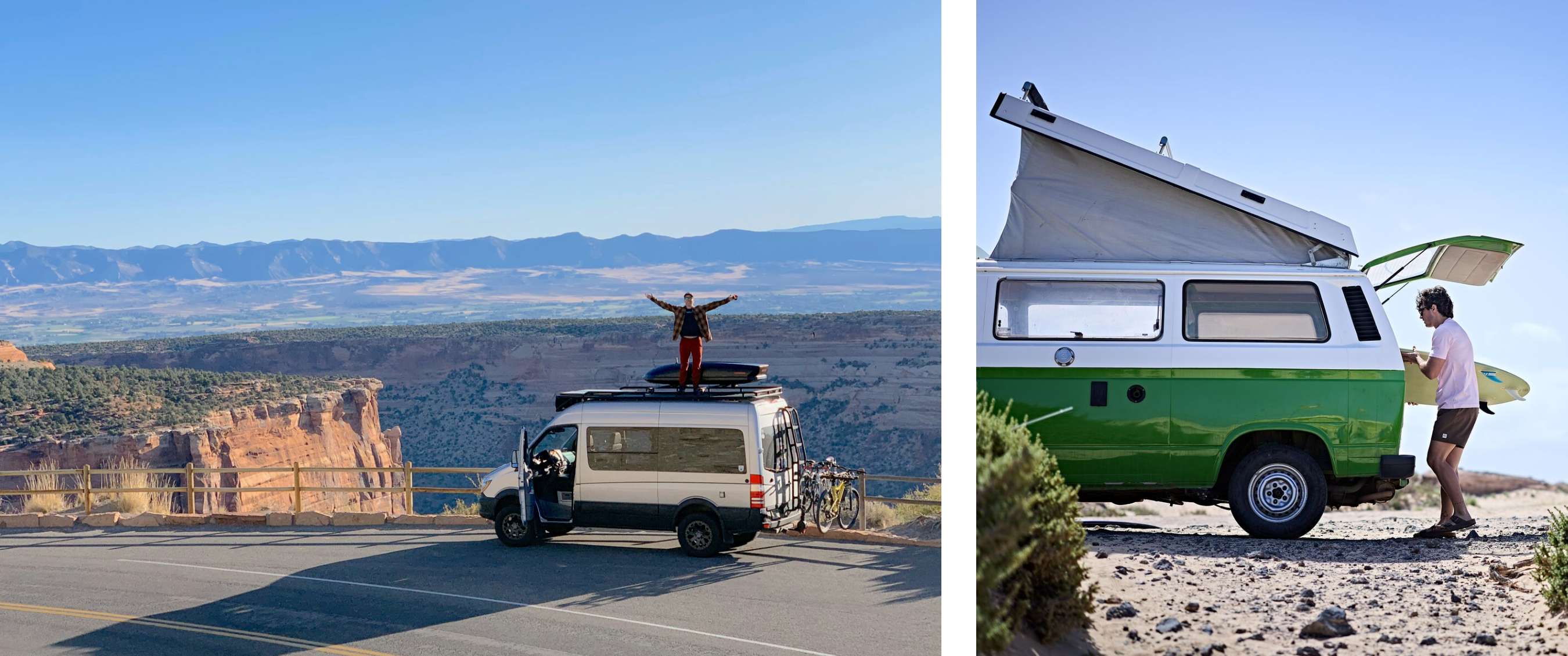 Twee beelden: persoon staat op een camper bij een canyon; caravan rijdt over een bergweg in een droog landschap.