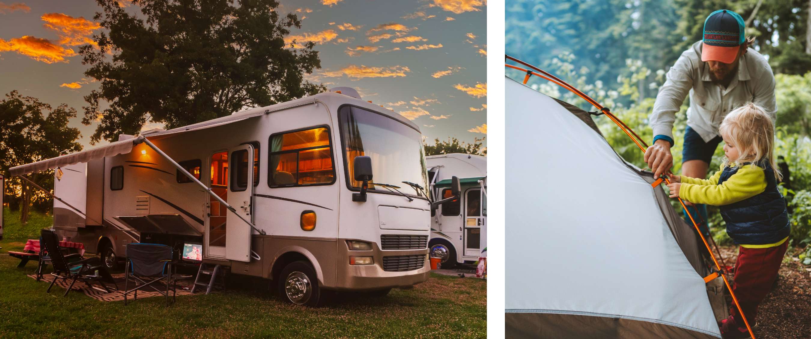 Twee beelden: camper op een camping bij zonsondergang; volwassene helpt kind met een tent.