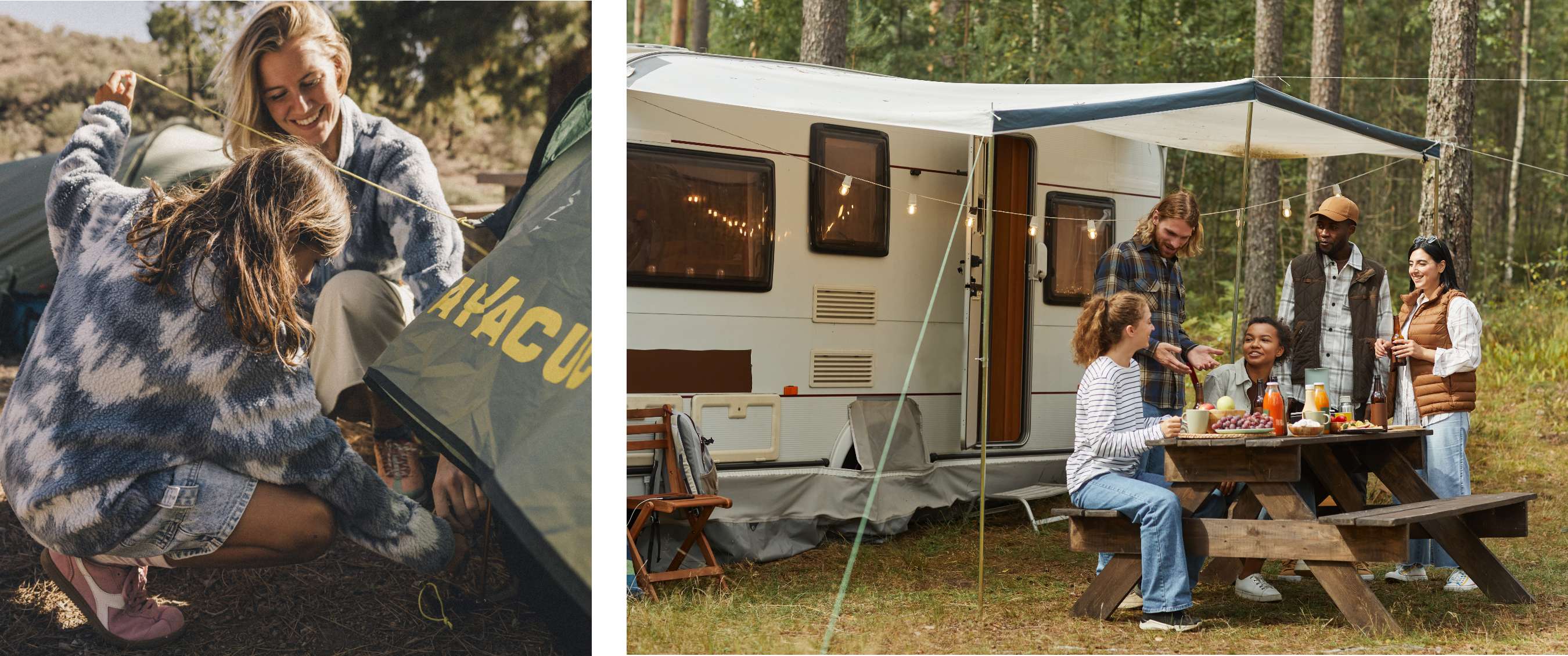 Twee beelden: twee personen zetten een tent op; groep zit en staat rond een picknicktafel naast een caravan.