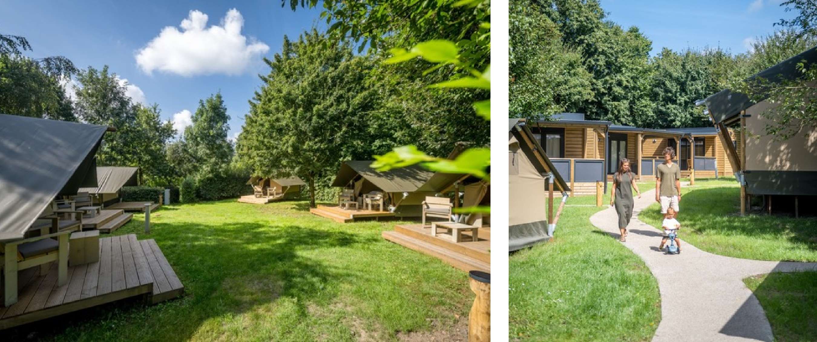 Twee beelden: ruime camping met houten terrassen en safaritenten; ouders wandelen met kind over een campingpad.