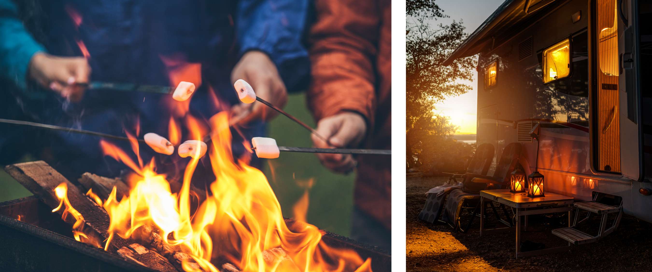 Twee beelden: marshmallows worden geroosterd boven een kampvuur; camper met stoelen en lantaarns bij zonsondergang.