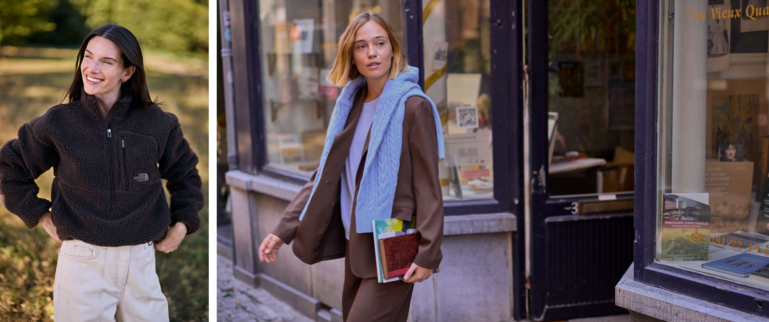 Een vrouw met boeken onder haar arm combineert een bruin pak met een wit shirt en een lichtblauwe trui.