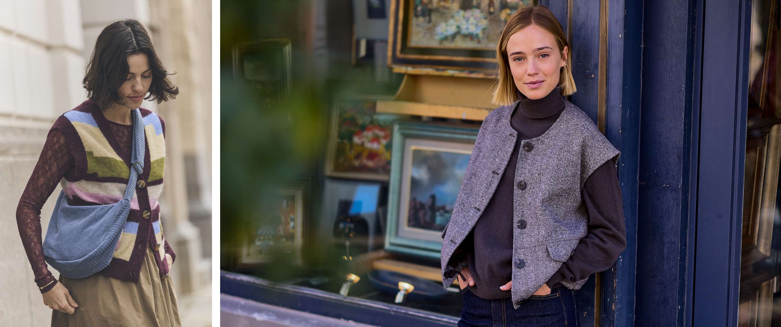 Een vrouw draagt een grijze mouwloze vest over een donkere coltrui bij een winkelraam.