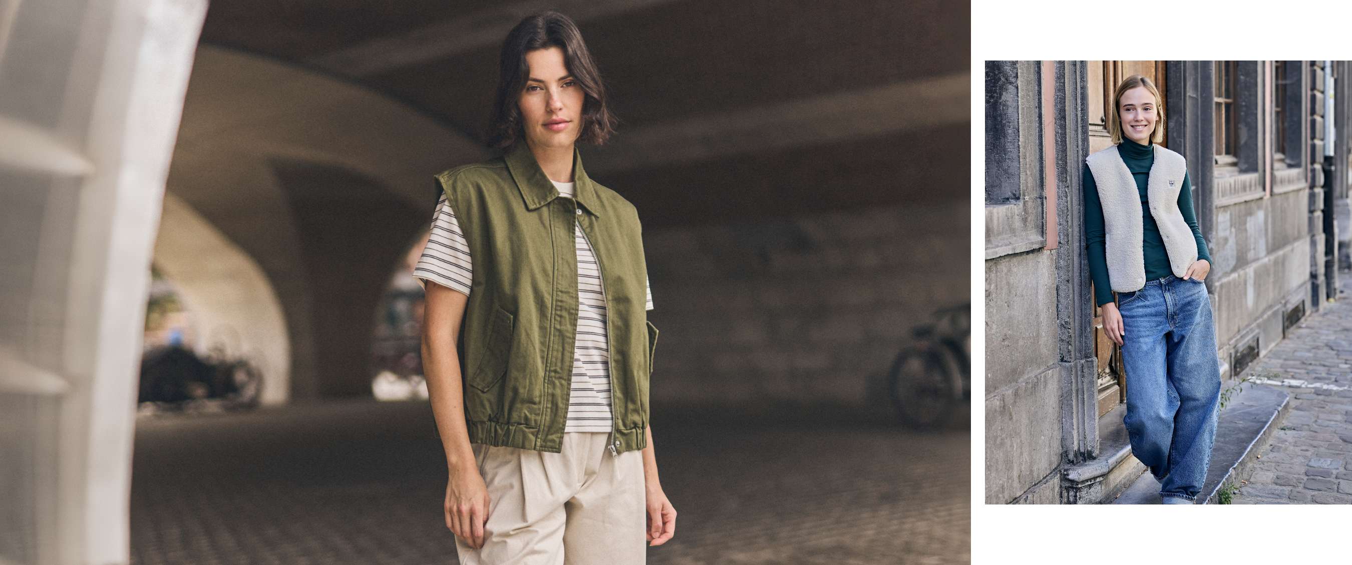 Een groene mouwloze vest met zakken gecombineerd met een gestreept T-shirt en een beige broek
