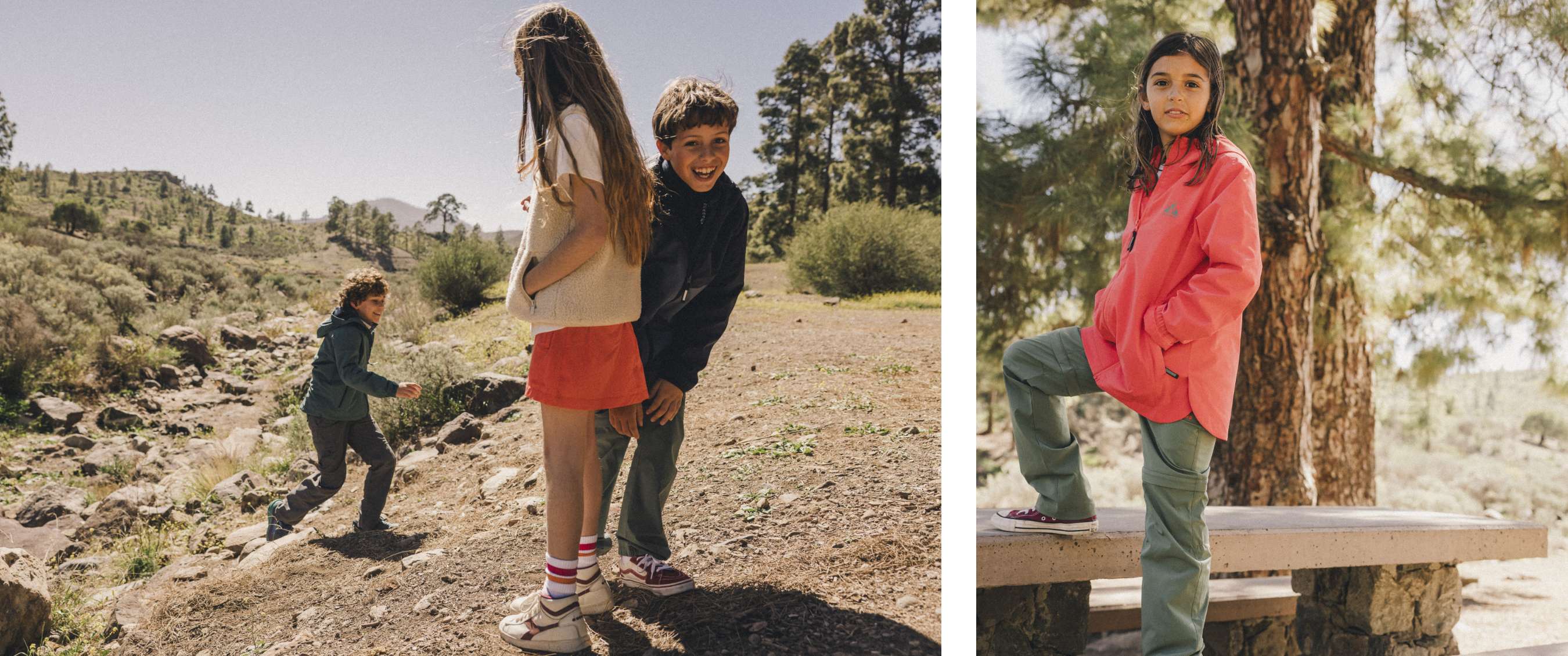 Twee beelden: kinderen wandelen en spelen op een rotsachtig bospad; een kind staat op een houten bankje in het bos.