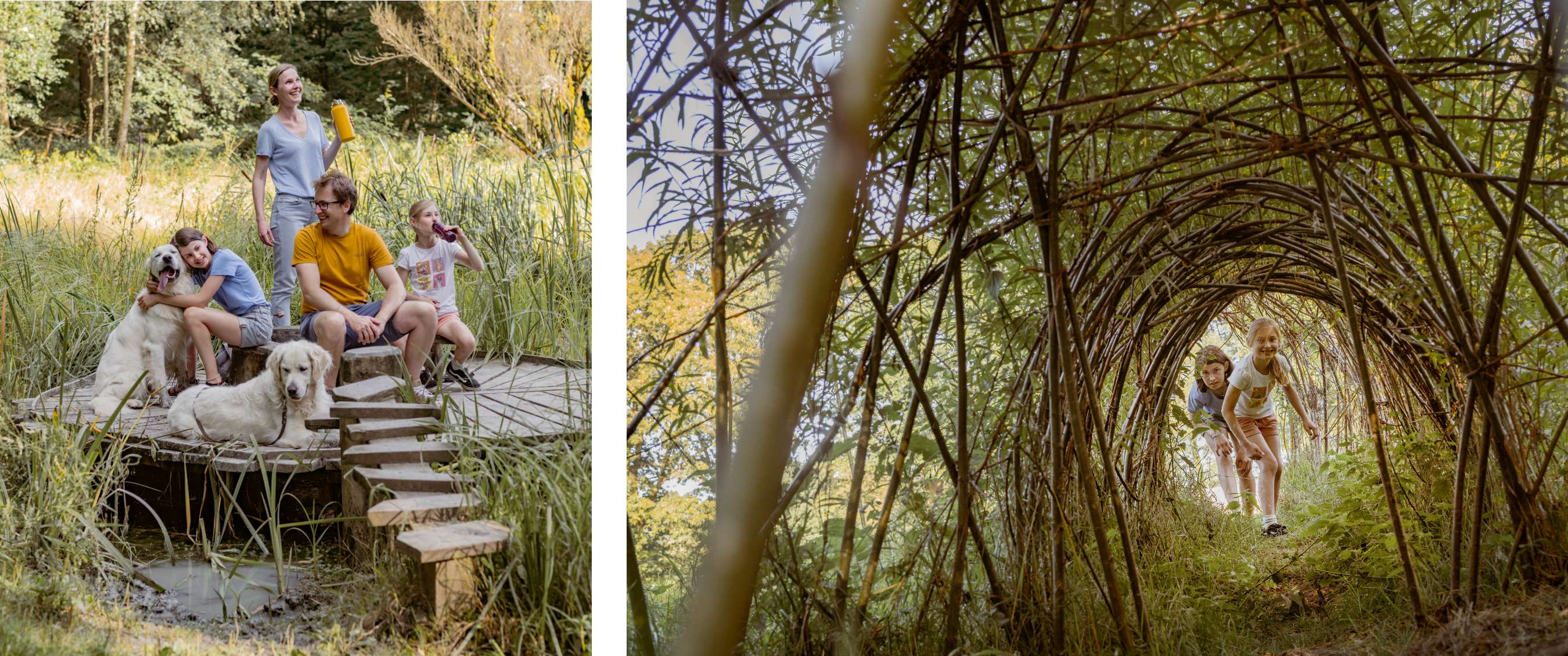 Twee beelden: volwassenen en kinderen rusten bij een houten brug met honden; kinderen wandelen gebukt door een begroeide bospassage.