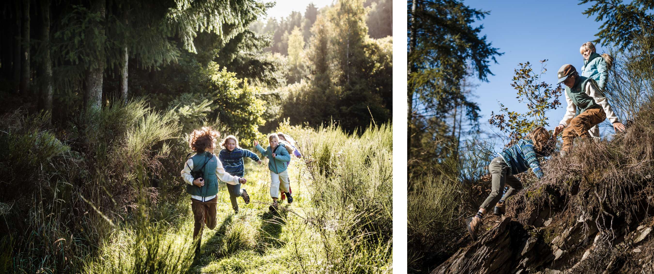 Twee beelden: kinderen bewegen door een open bosgebied met zonlicht; kinderen helpen elkaar bij het klauteren op een heuvel.