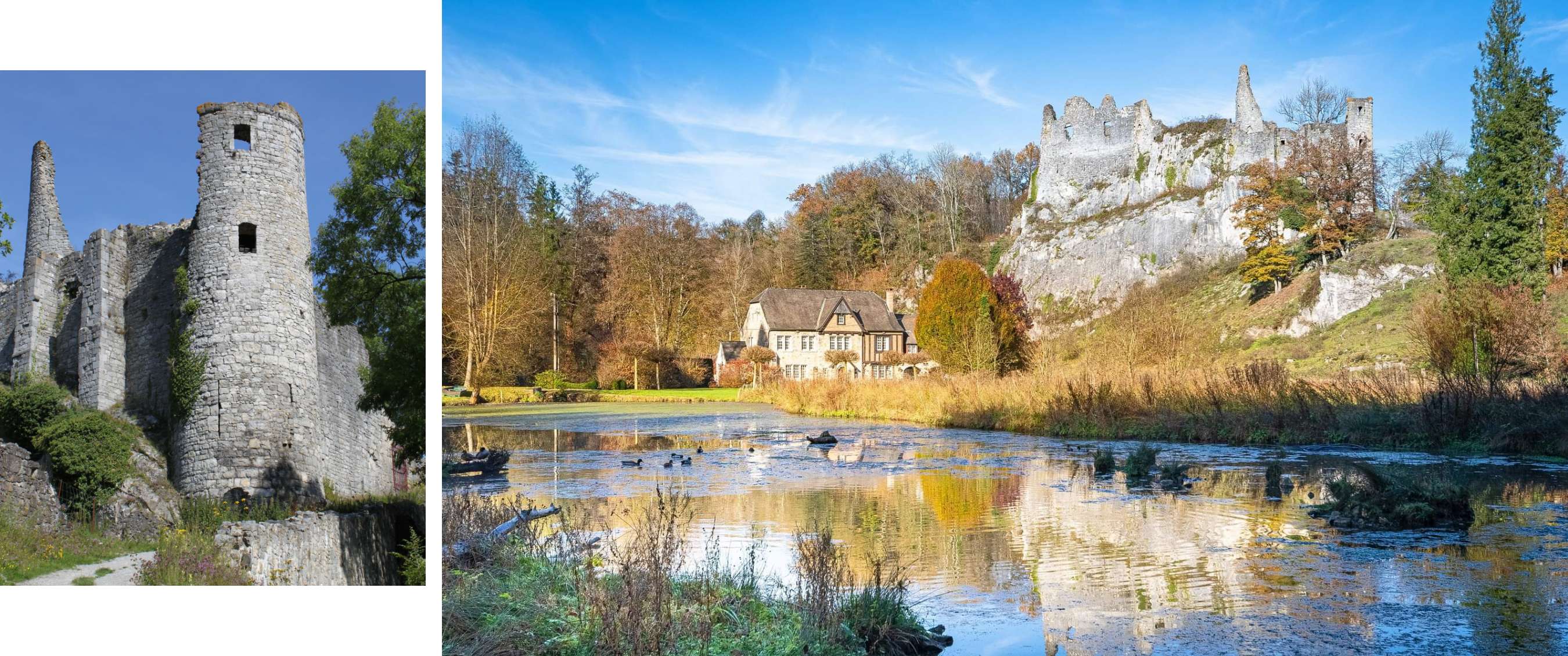 Historische ruïne rijst boven een waterpartij en een huis tussen herfstkleurige bomen.