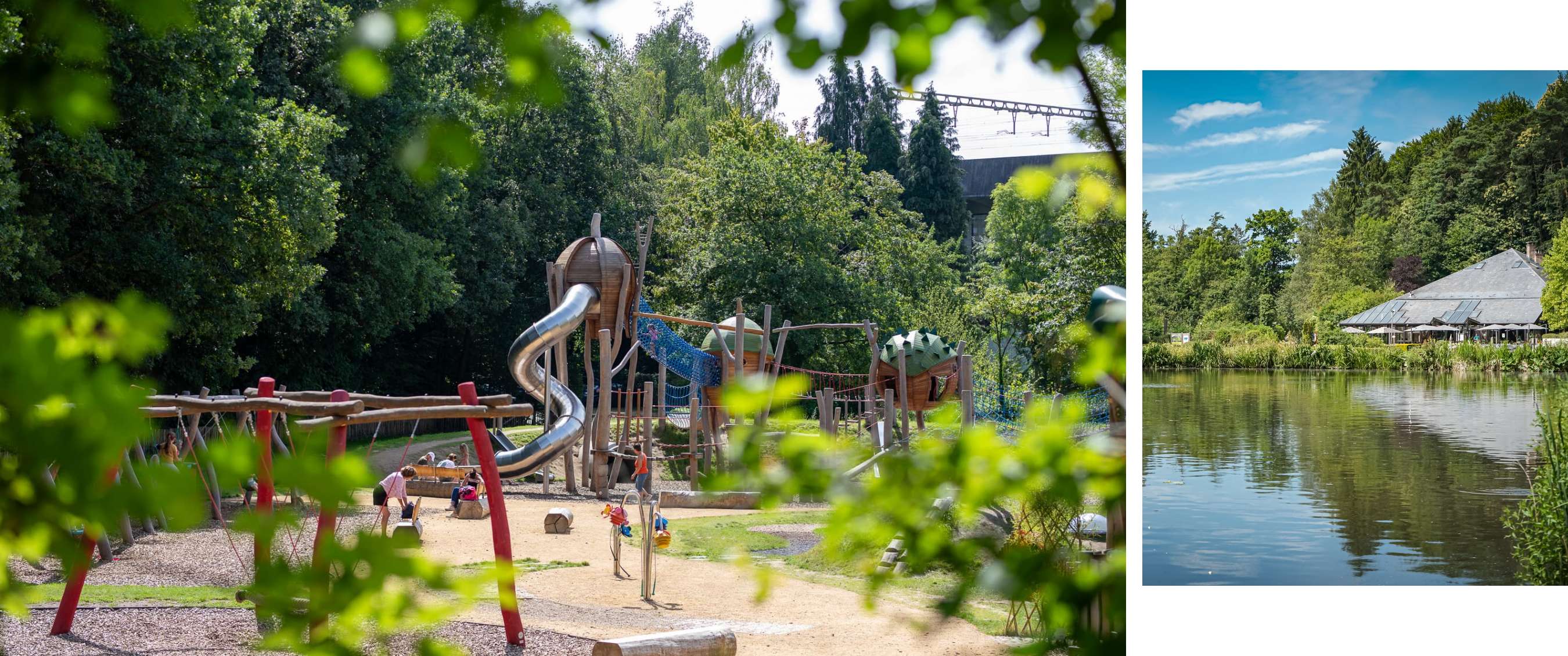 Grote houten buitenspeeltuin met metalen glijbaan, klimnetten en speeltoestellen tussen bomen.