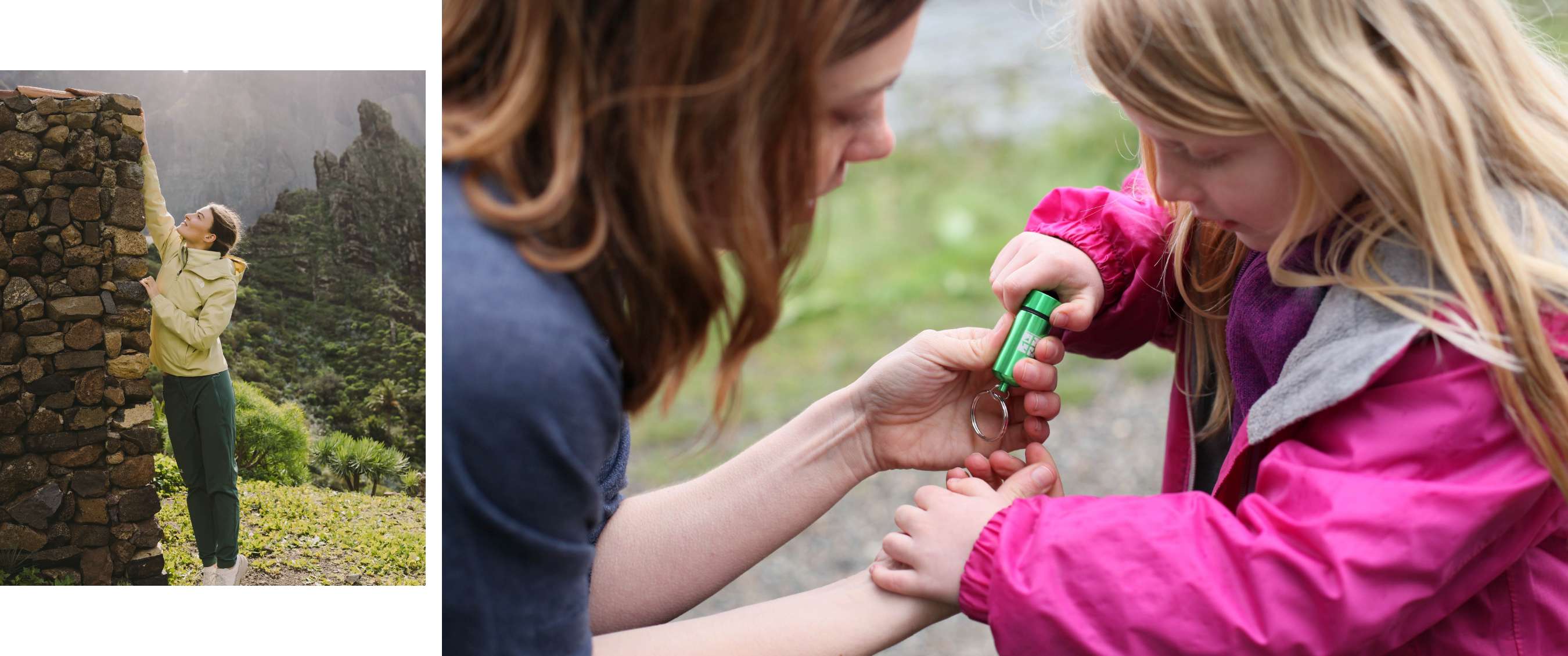 Twee beelden: mist trekt door een rotsachtig berglandschap; koe staat in een weide met bomen.