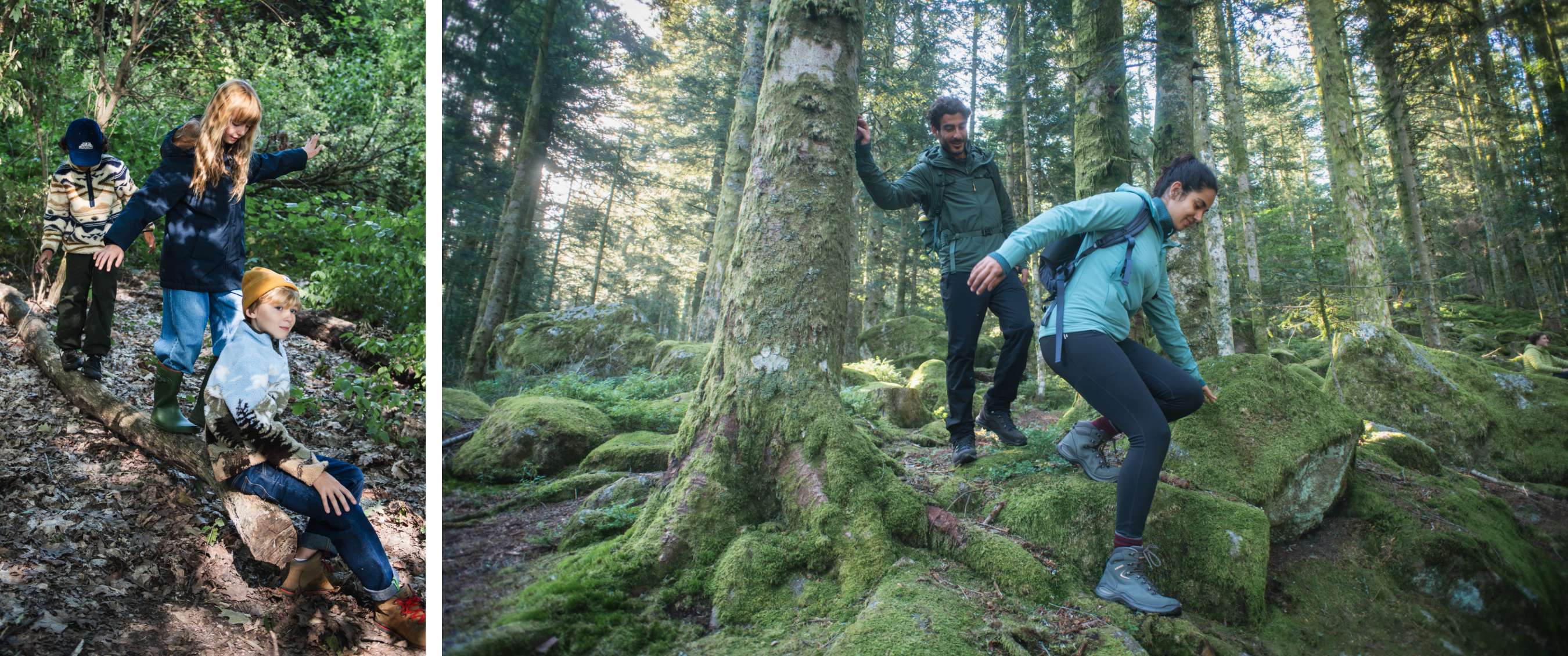Twee beelden: drie kinderen wandelen door het bos; twee volwassenen bewegen tussen met mos bedekte stenen.