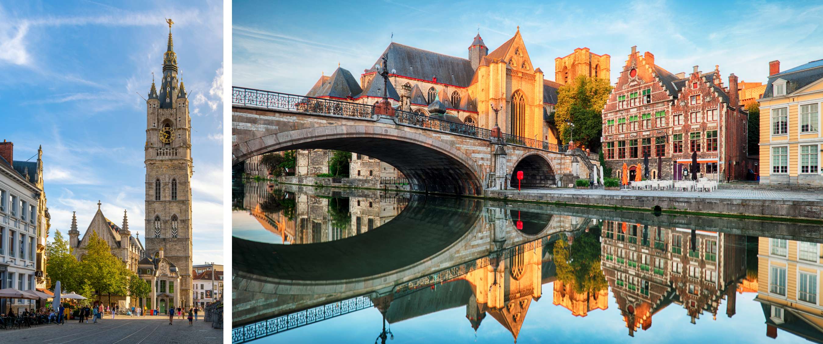 Historische stadsgebouwen en een kerk achter een brug met weerspiegeling in het water.