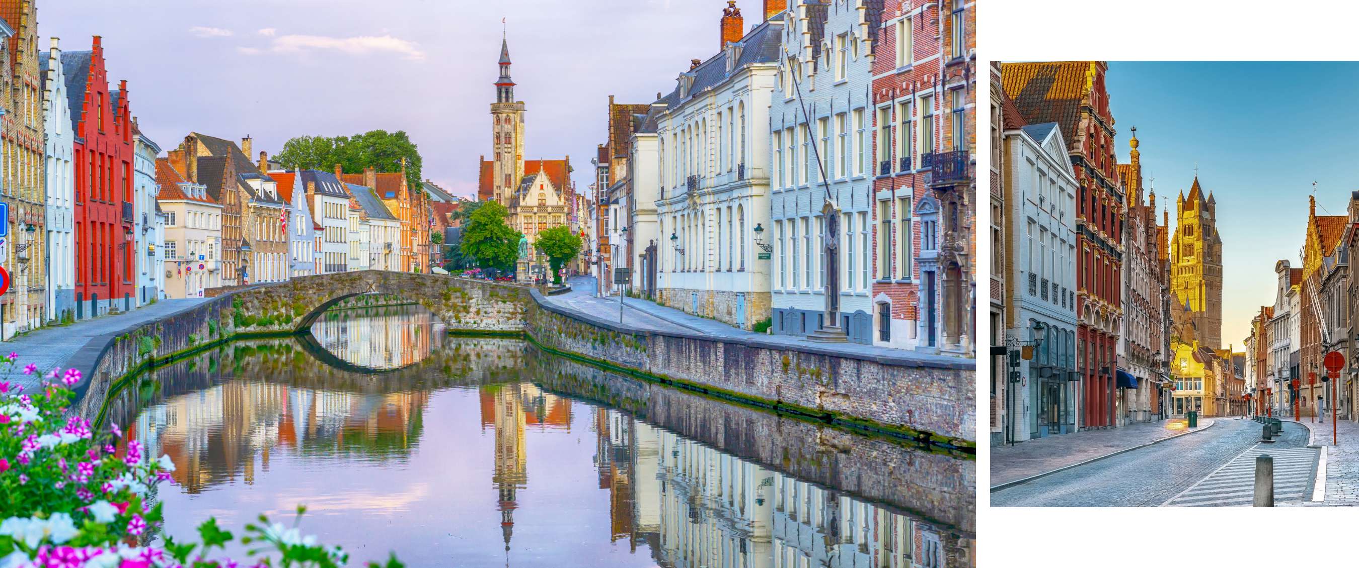 Kanaal tussen historische gevels met een stenen boogbrug en toren op de achtergrond.