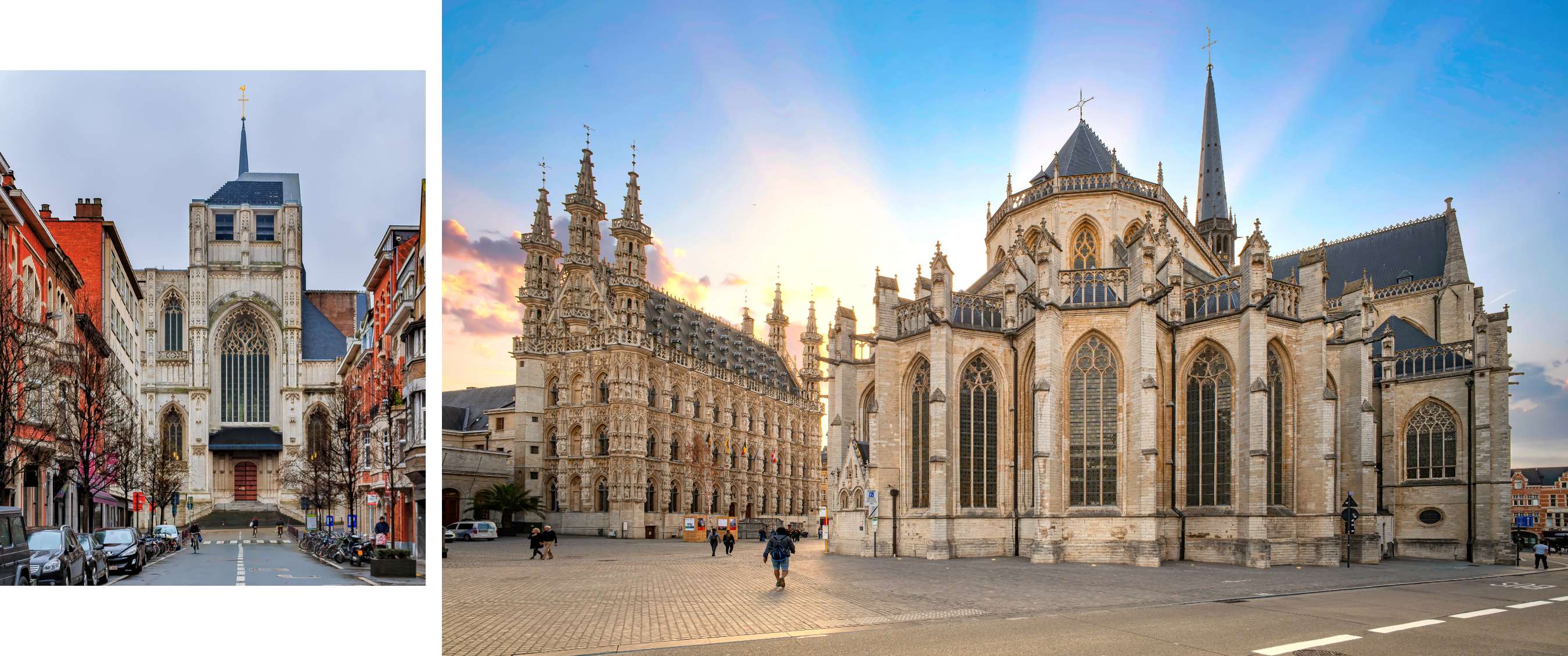 Gotische kerk en rijk versierd historisch gebouw aan een ruim geplaveid stadsplein.