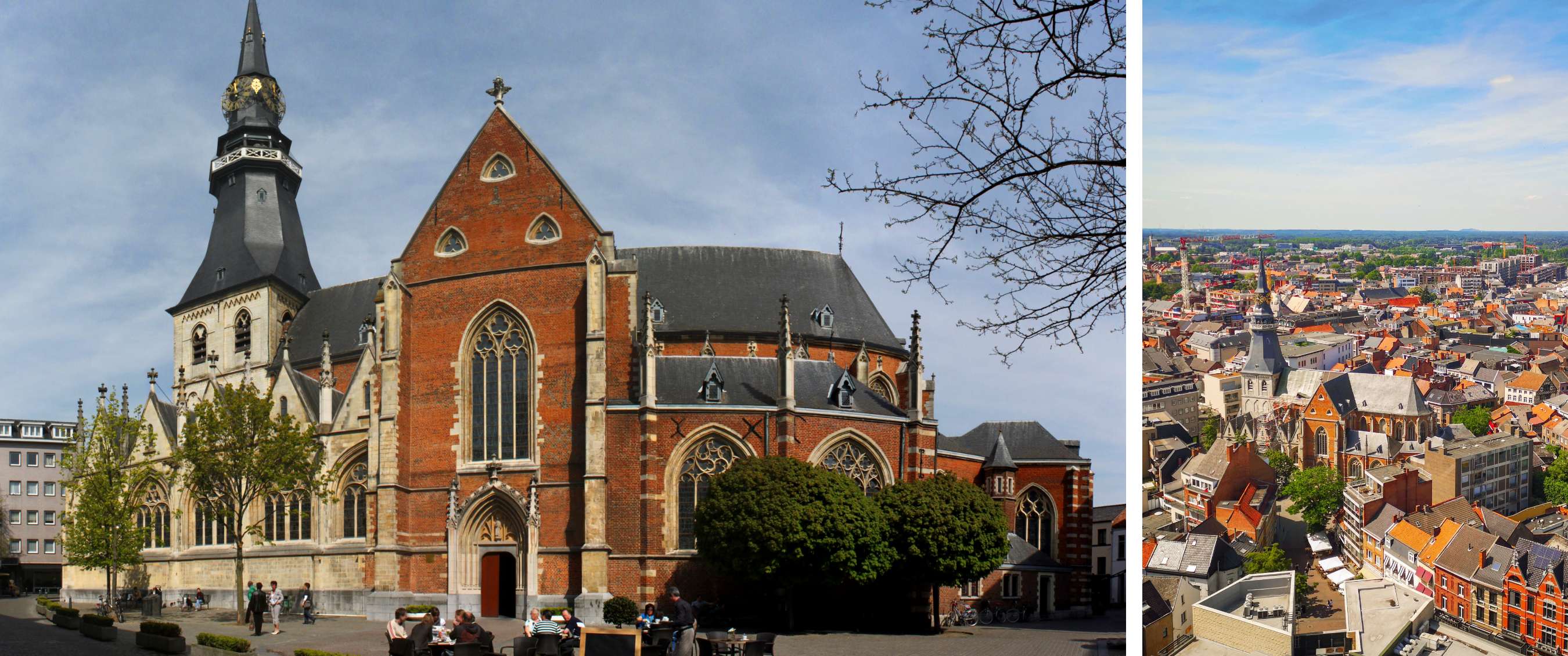 Bakstenen kerkgebouw met toren en buitenterras onder een heldere blauwe lucht.