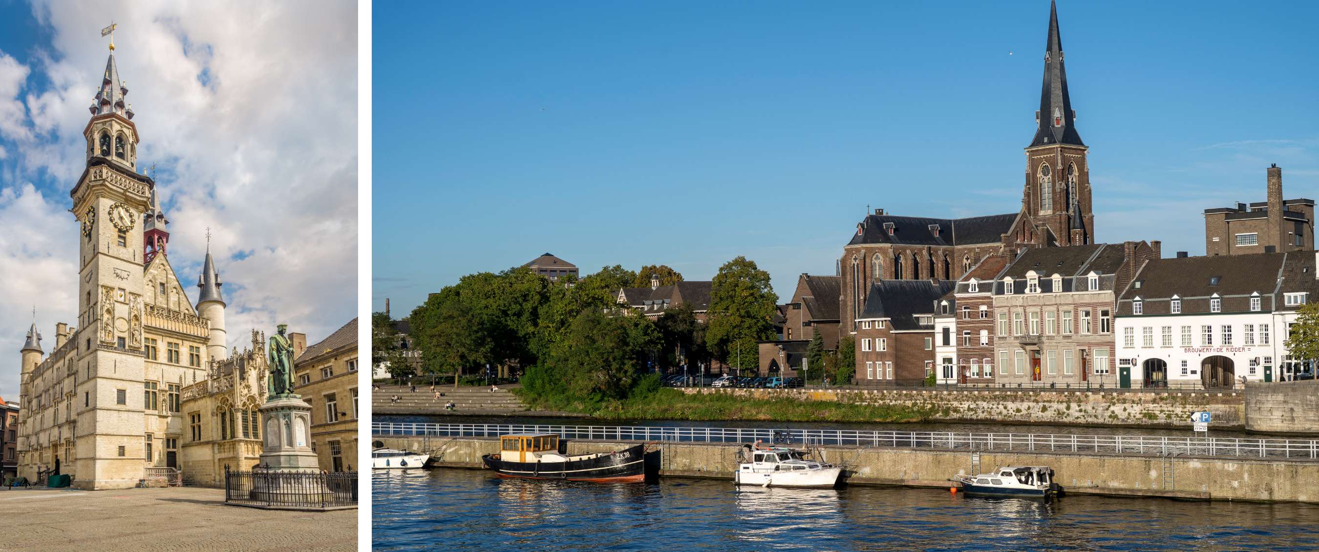 Kerk met hoge spits en historische gebouwen langs een rivier met aangemeerde boten.