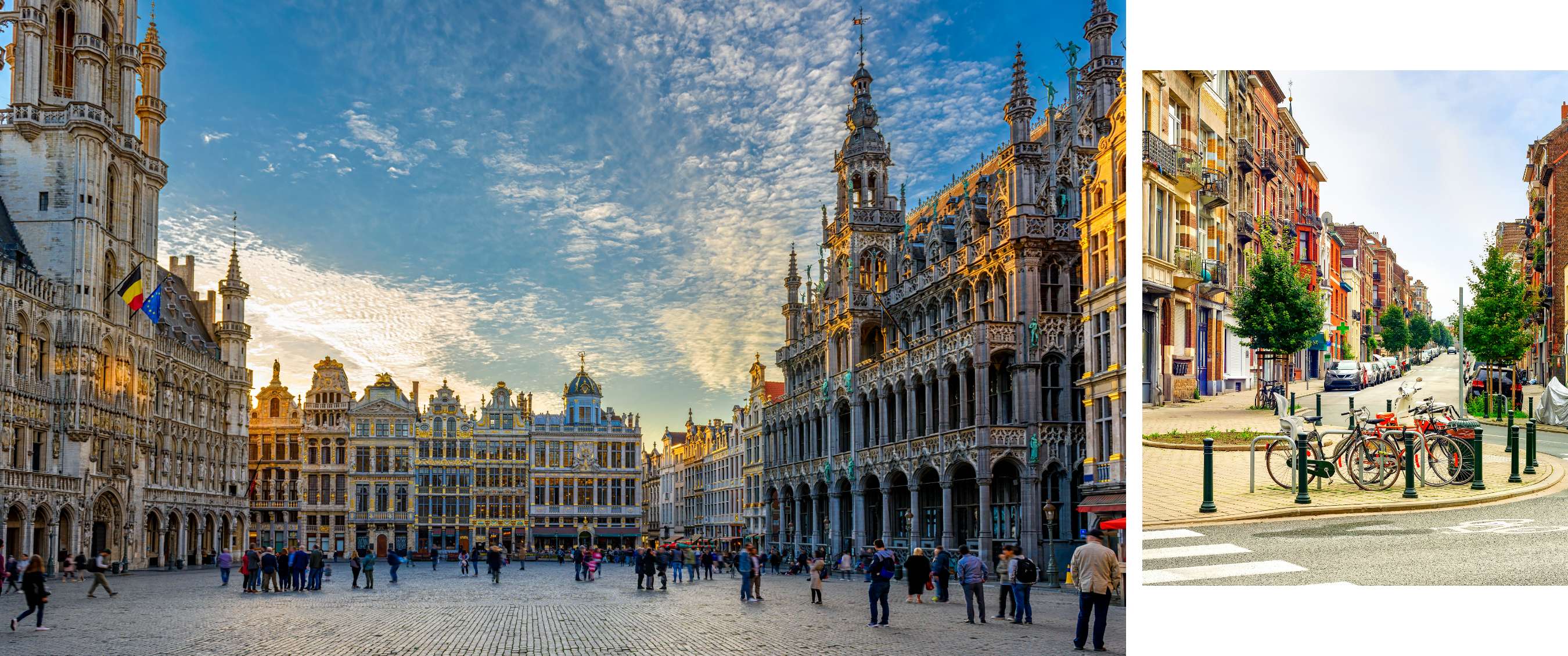 Groot geplaveid plein omringd door rijk versierde historische gevels en een gotisch stadhuis.