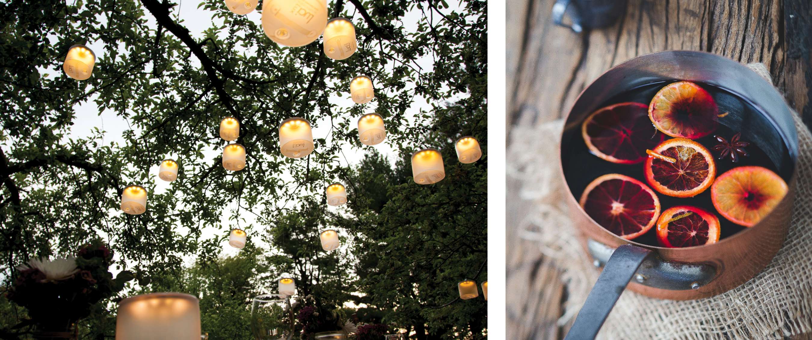 Twee beelden: verlichte glazen potjes boven een buitenfeest onder bomen; een warme winterdrank met citrusvruchten in een pan.