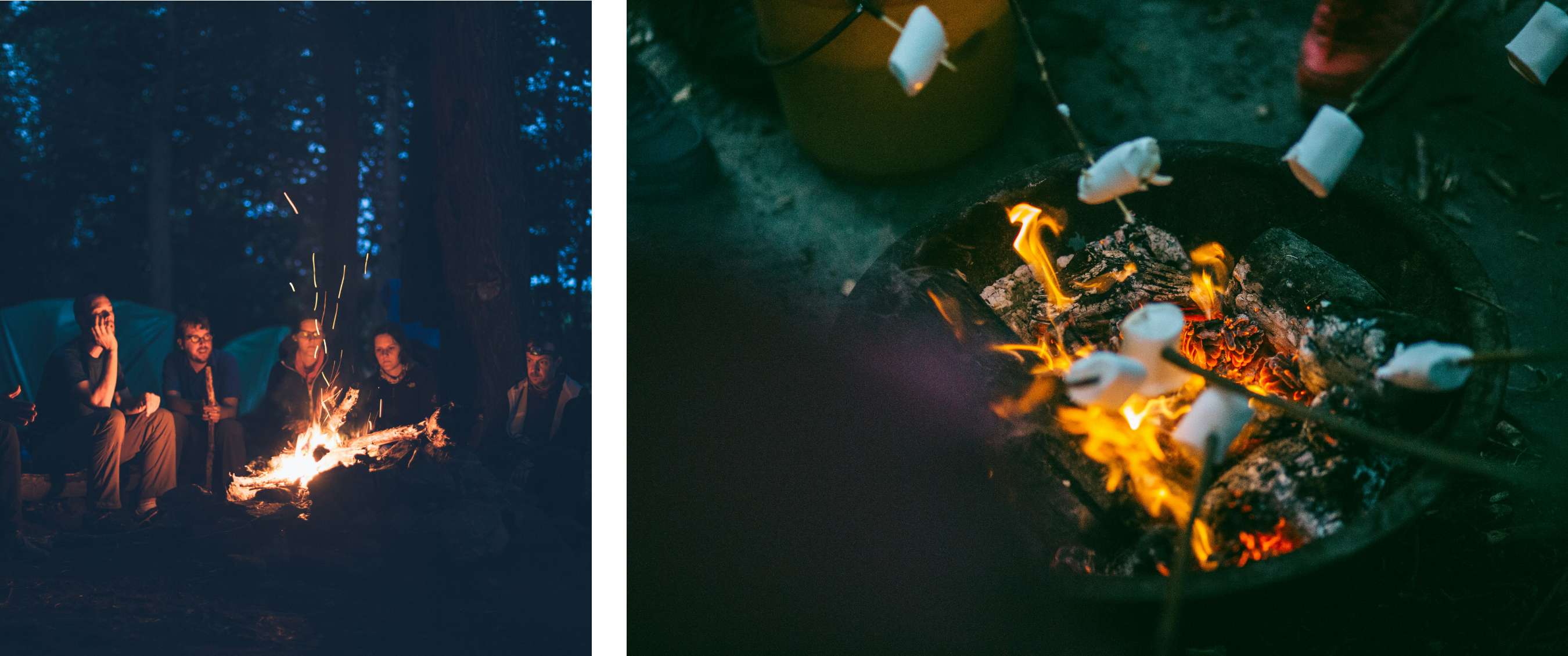 Twee beelden: vrienden rond een knisperend vuur tussen bomen in de schemering; close-up van marshmallows boven een gloeiend kampvuur.