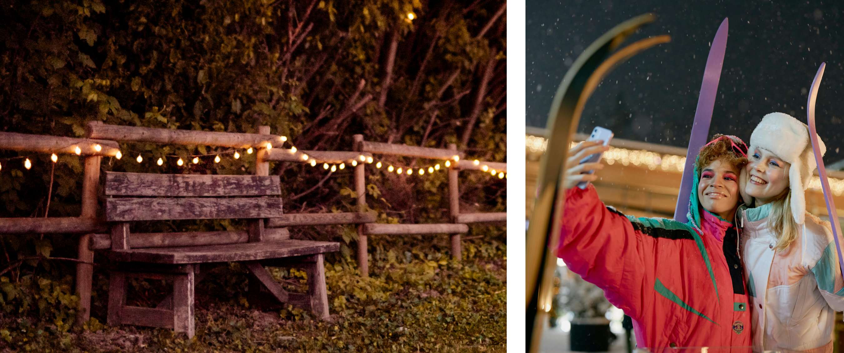 Twee beelden: winterse avondsfeer met lichtjes langs een houten omheining; twee vrienden die lachend een selfie nemen tijdens een winters evenement.