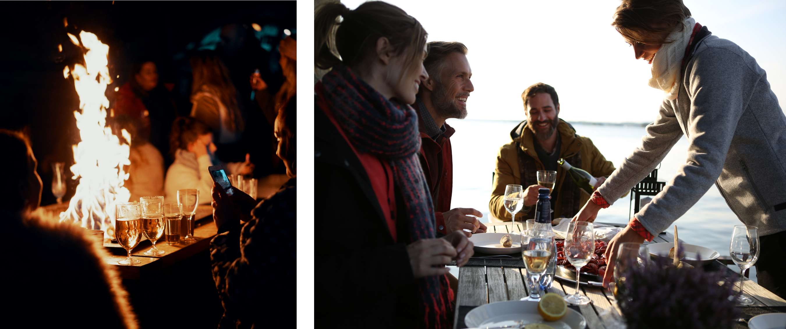 Twee beelden: Mensen verzamelen zich ’s avonds rond een kampvuur met drankjes; gezelschap geniet van een maaltijd aan een buitentafel bij het water.