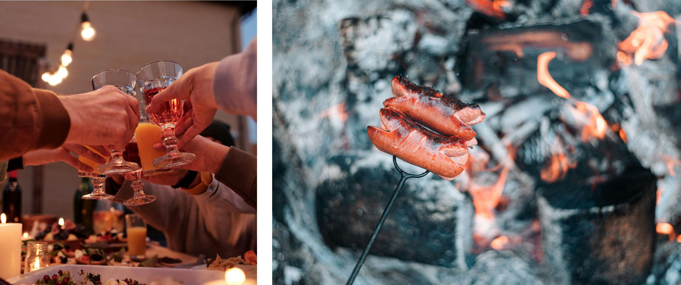 Twee beelden: Mensen klinken met glazen rond een gedekte buitentafel met eten en kaarslicht; worsten worden geroosterd boven een open vuur.