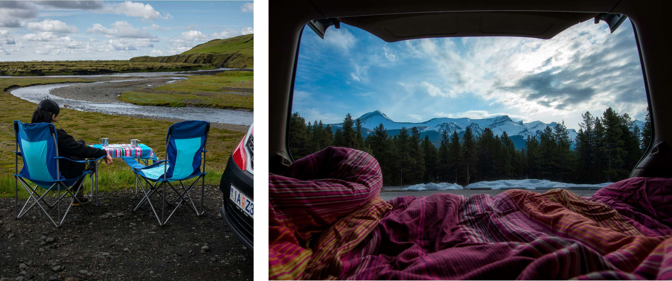 Twee beelden: persoon zit bij rivier met kampeerstoelen; bed in camper kijkt uit op bergen en bos.