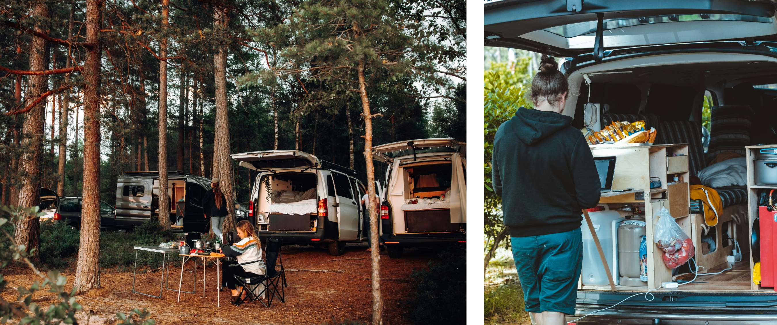 Twee beelden: campers staan tussen dennen; persoon werkt bij open camperkeuken.