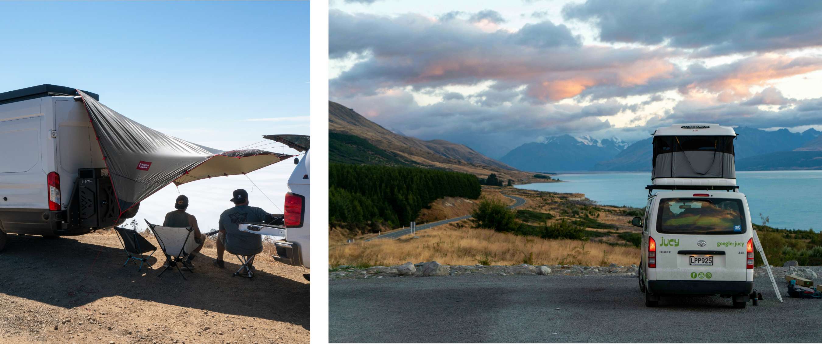 Twee beelden: twee personen zitten onder luifel naast camper; Camper met uitzicht op meer en bergen.