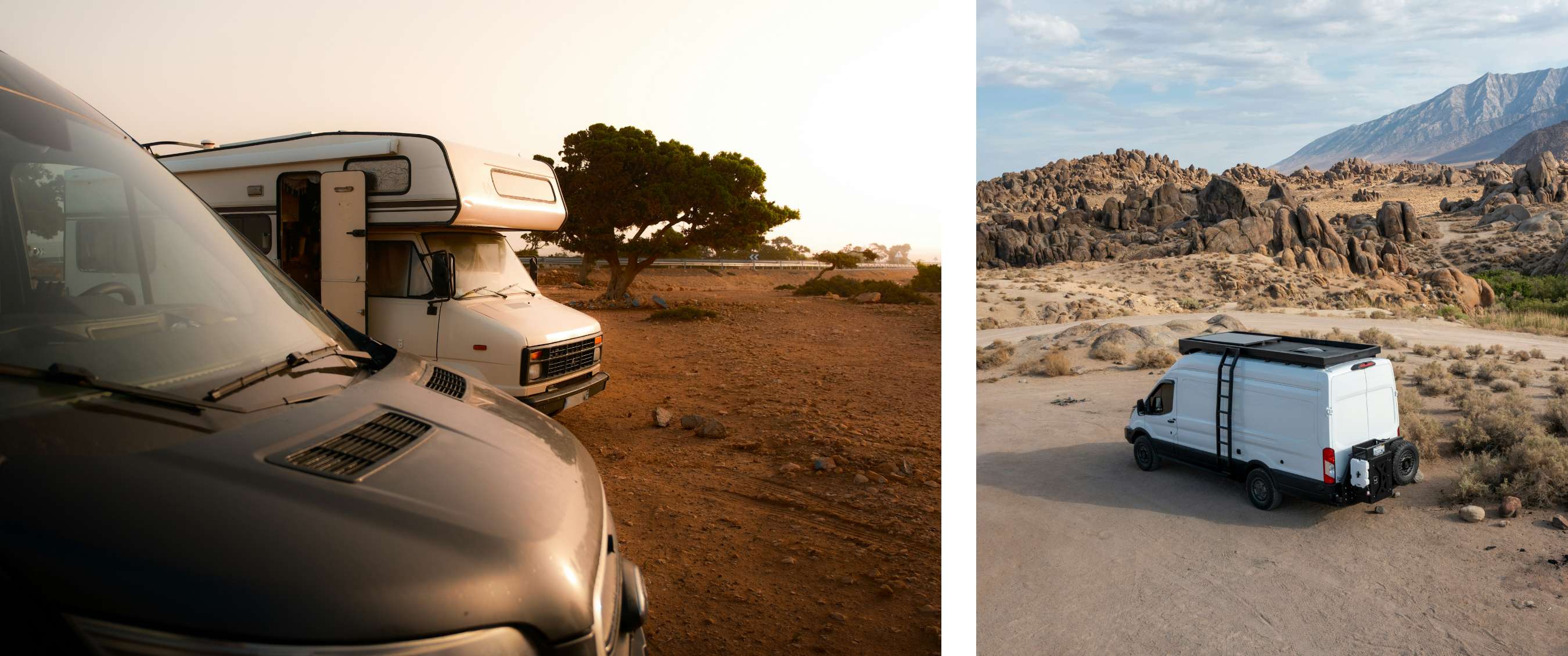 Twee beelden: twee campers op zandgrond bij een boom; busje geparkeerd tussen rotsen en bergen.