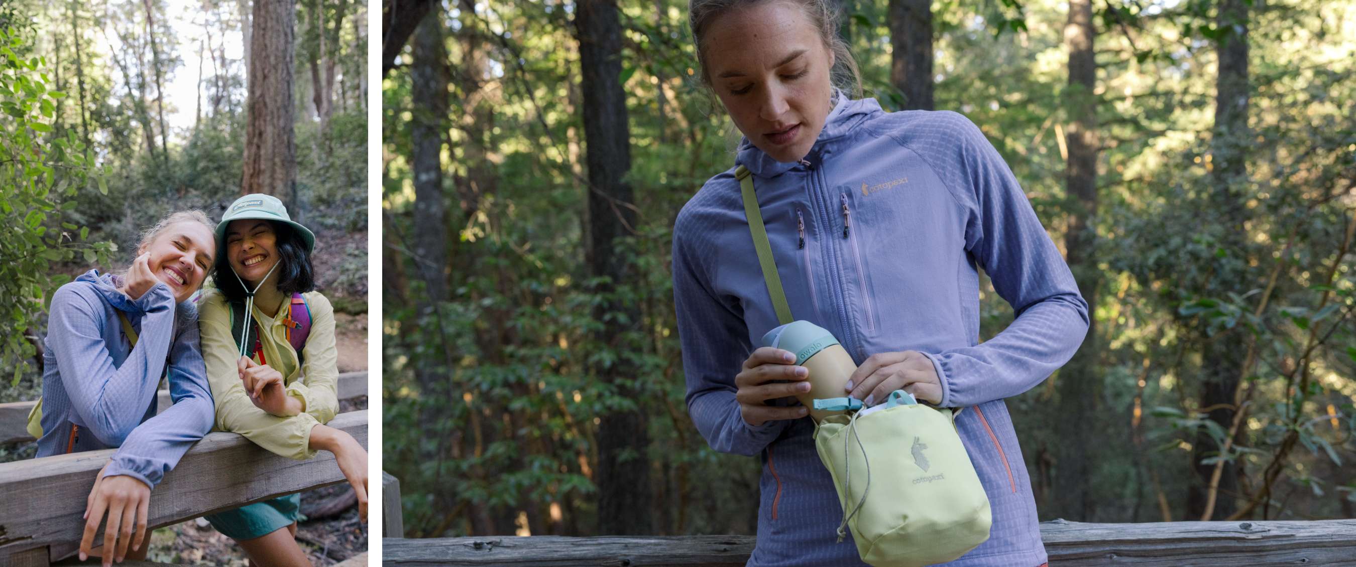 Twee beelden: wandelaars in outdoorjassen en persoon met heuptas en drinkfles.