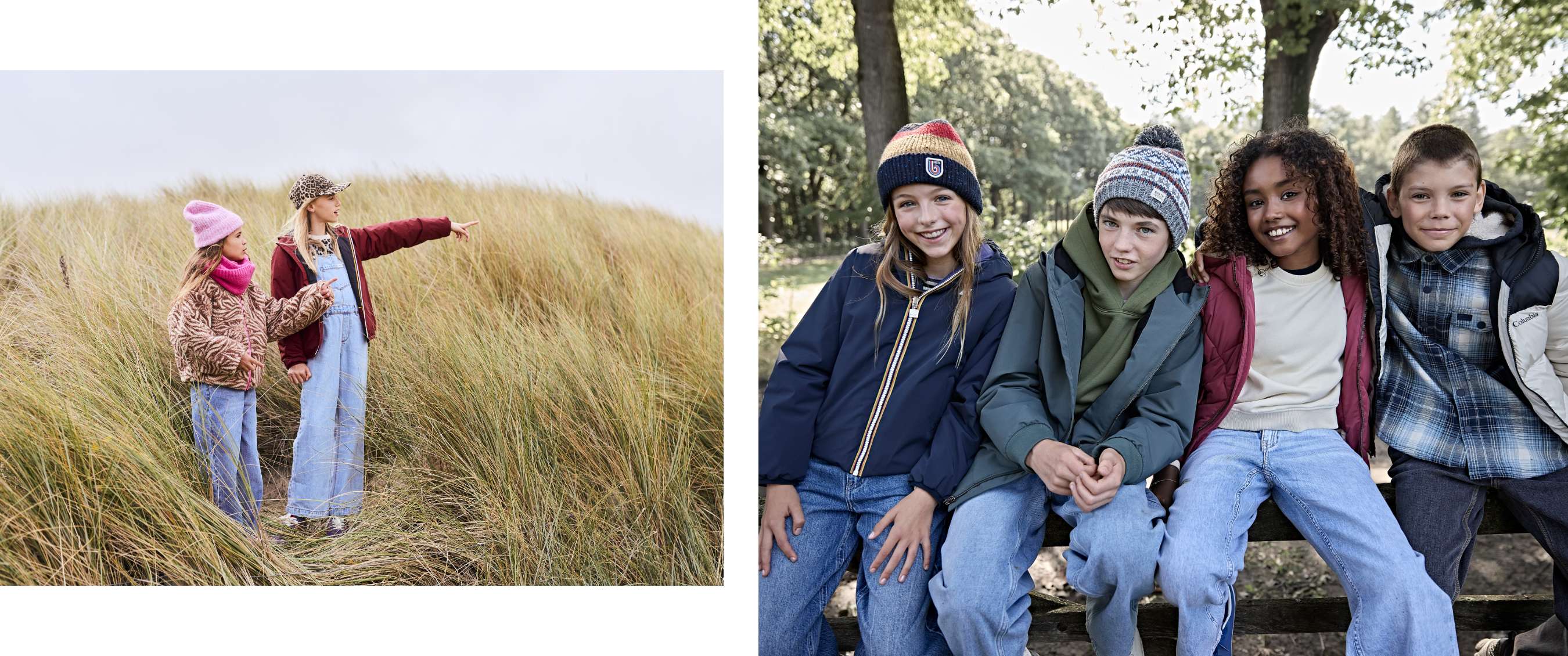 Twee beelden: twee meisjes in warme kleding in een duinlandschap; vier kinderen poserend op een bank onder bomen.