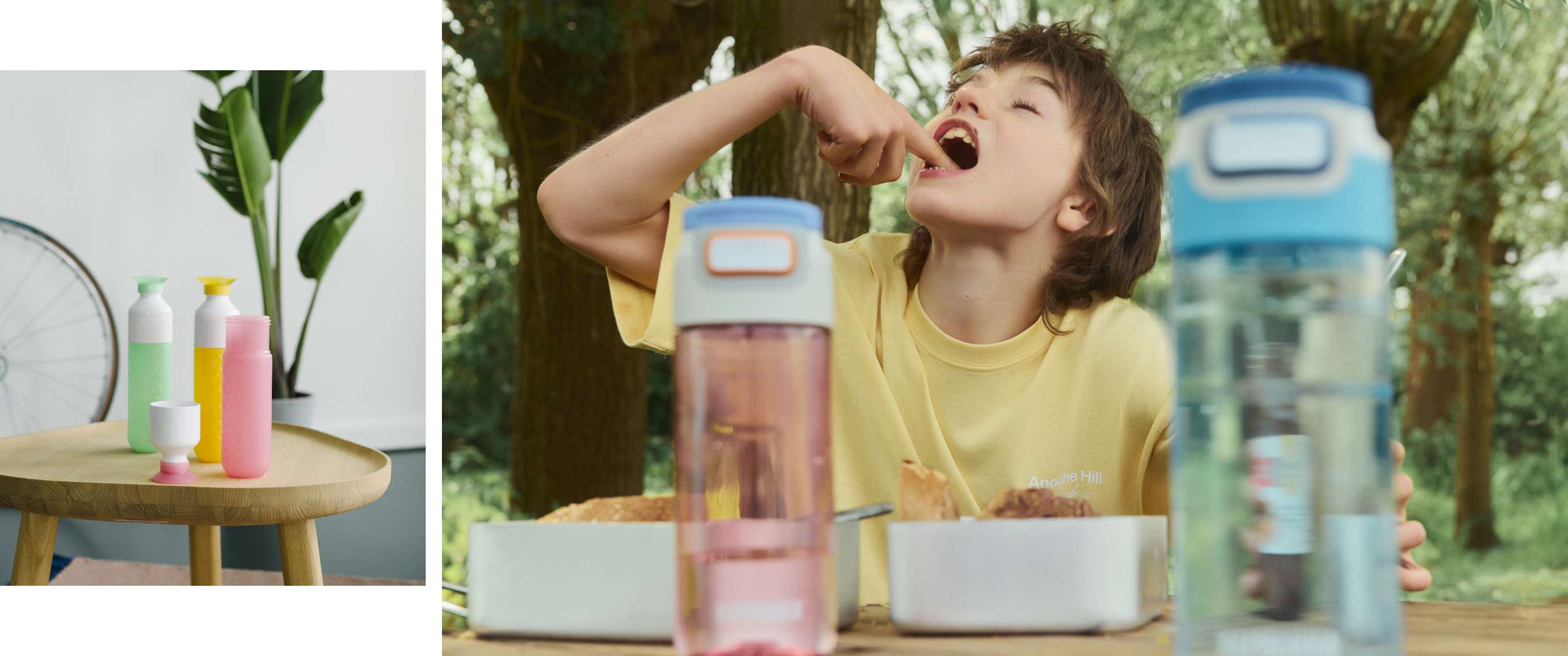 Twee beelden: herbruikbare drinkflessen op houten tafel en kind aan tafel met broodtrommel.