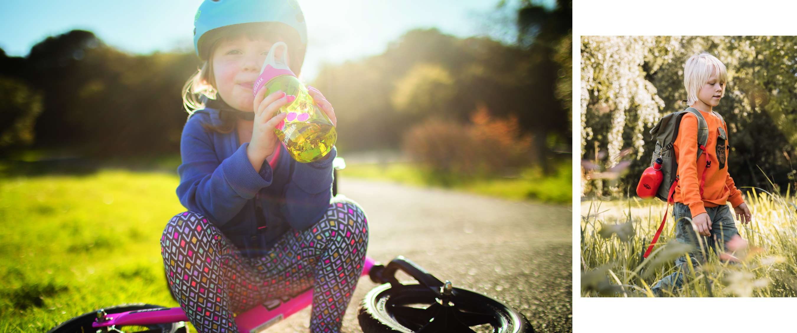 Twee beelden: kind drinkt uit drinkfles met fietshelm en kind wandelt met rode fles aan rugzak.