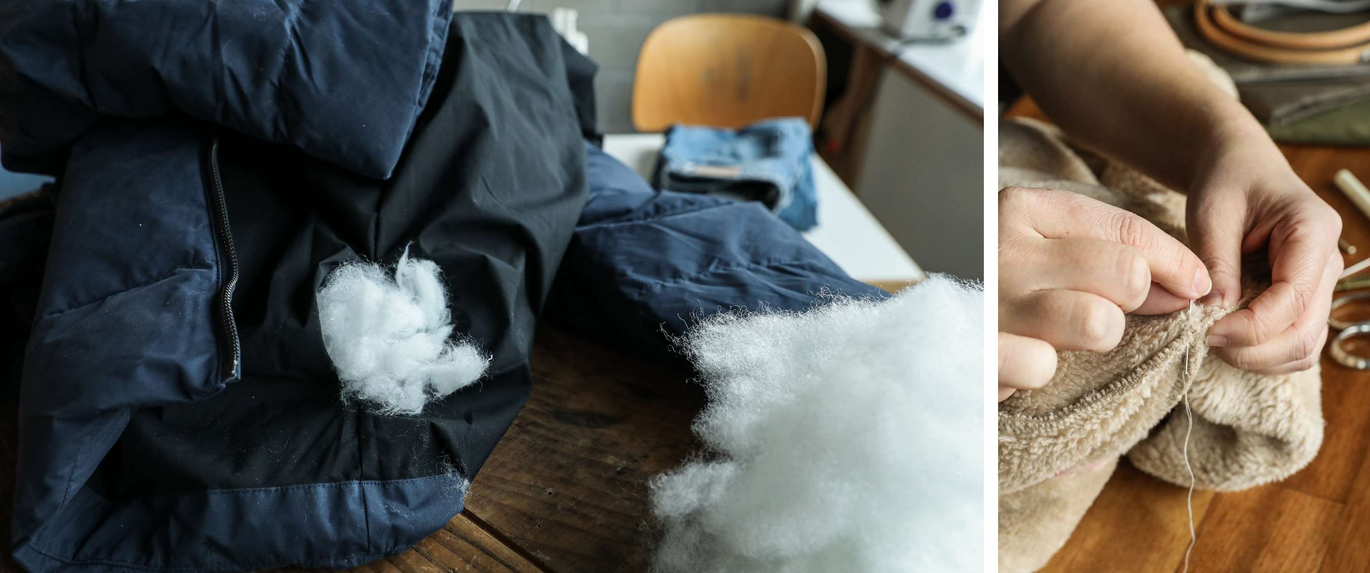 Twee beelden: beschadigde zwarte jas met witte vulling; handen herstellen fleece met naald