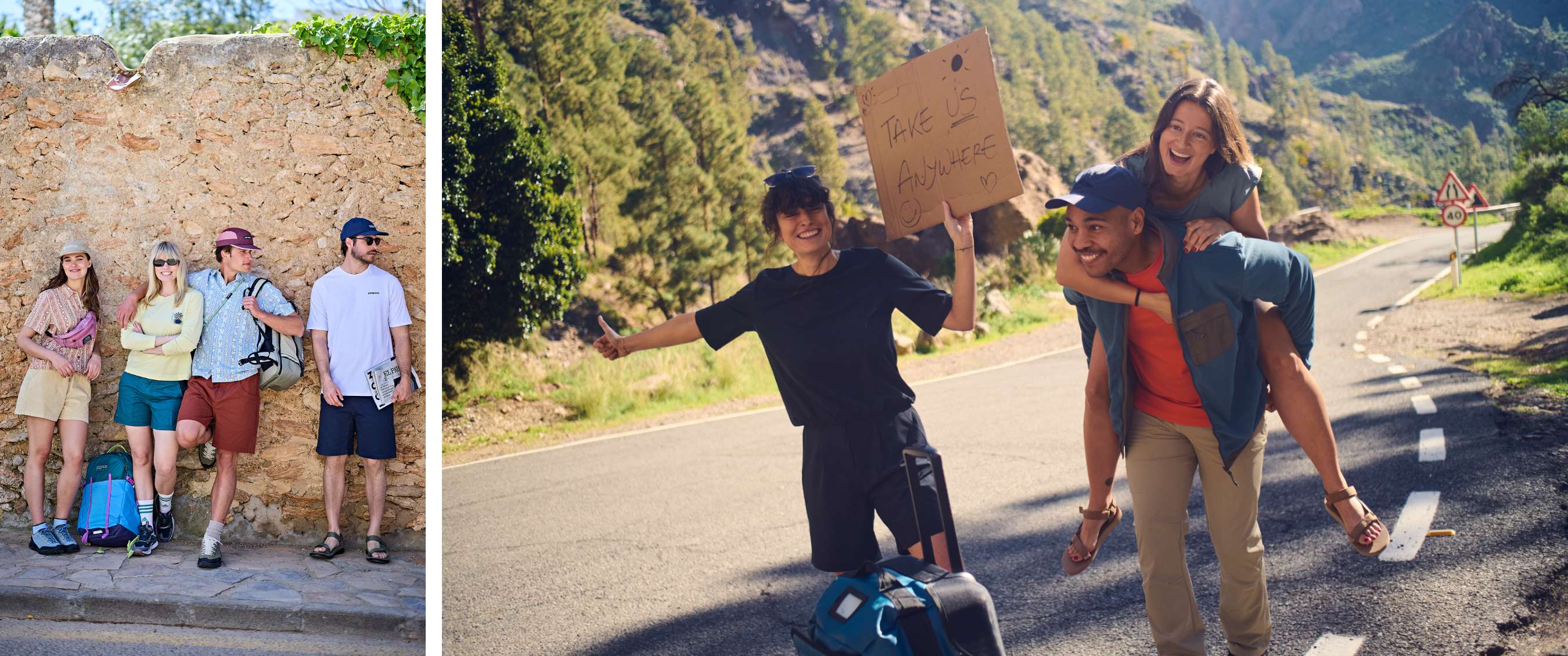 Twee beelden: vriendengroep wacht met rugzakken en tassen; reizigers maken plezier langs de weg met een kartonnen bord