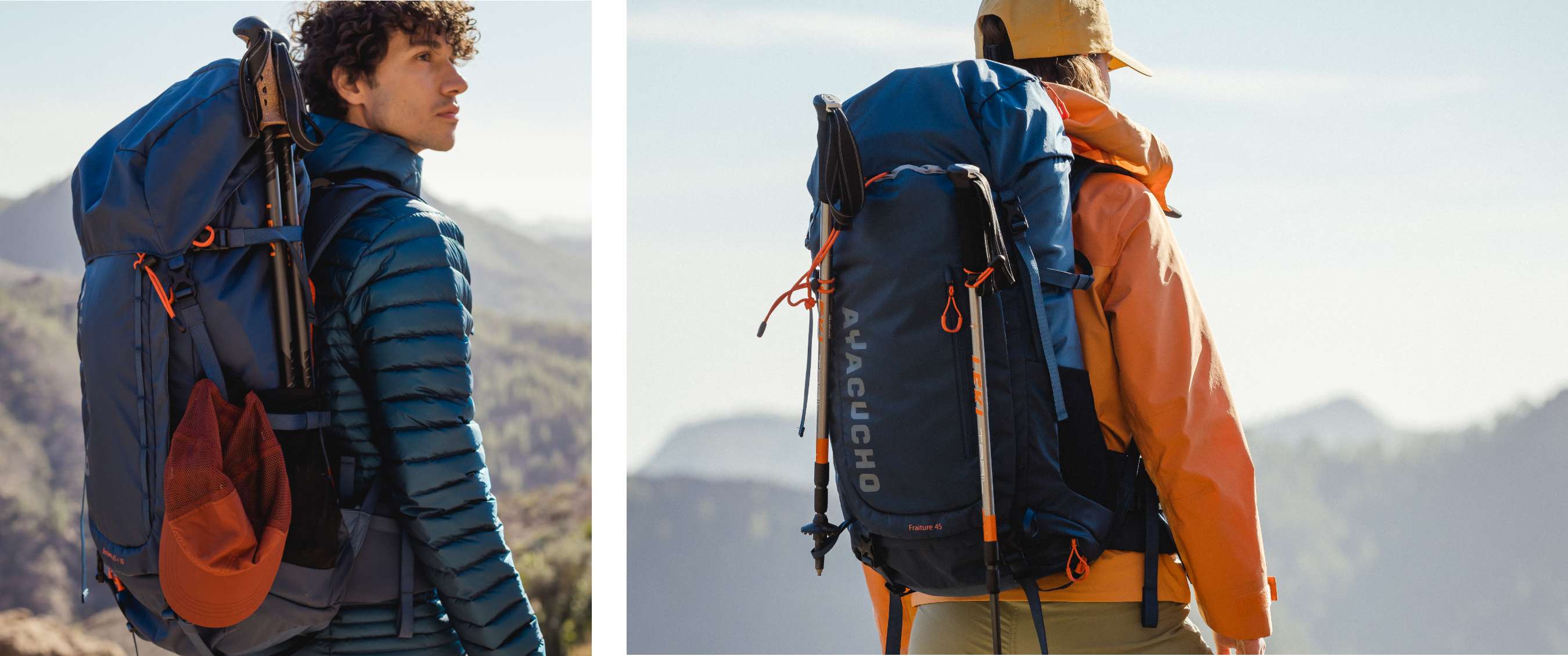 Twee beelden: persoon met blauwe wandelrugzak en wandelstokken; persoon met blauwe rugzak van achteren in de bergen
