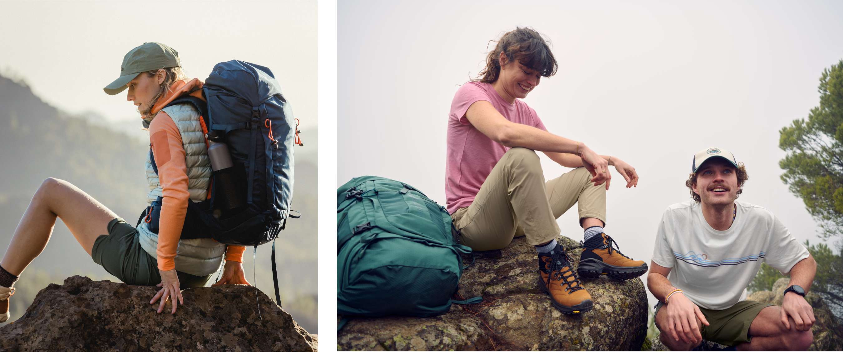 Twee beelden: vrouw met blauwe rugzak zit op een rots; twee wandelaars rusten naast een groene rugzak op rotsen