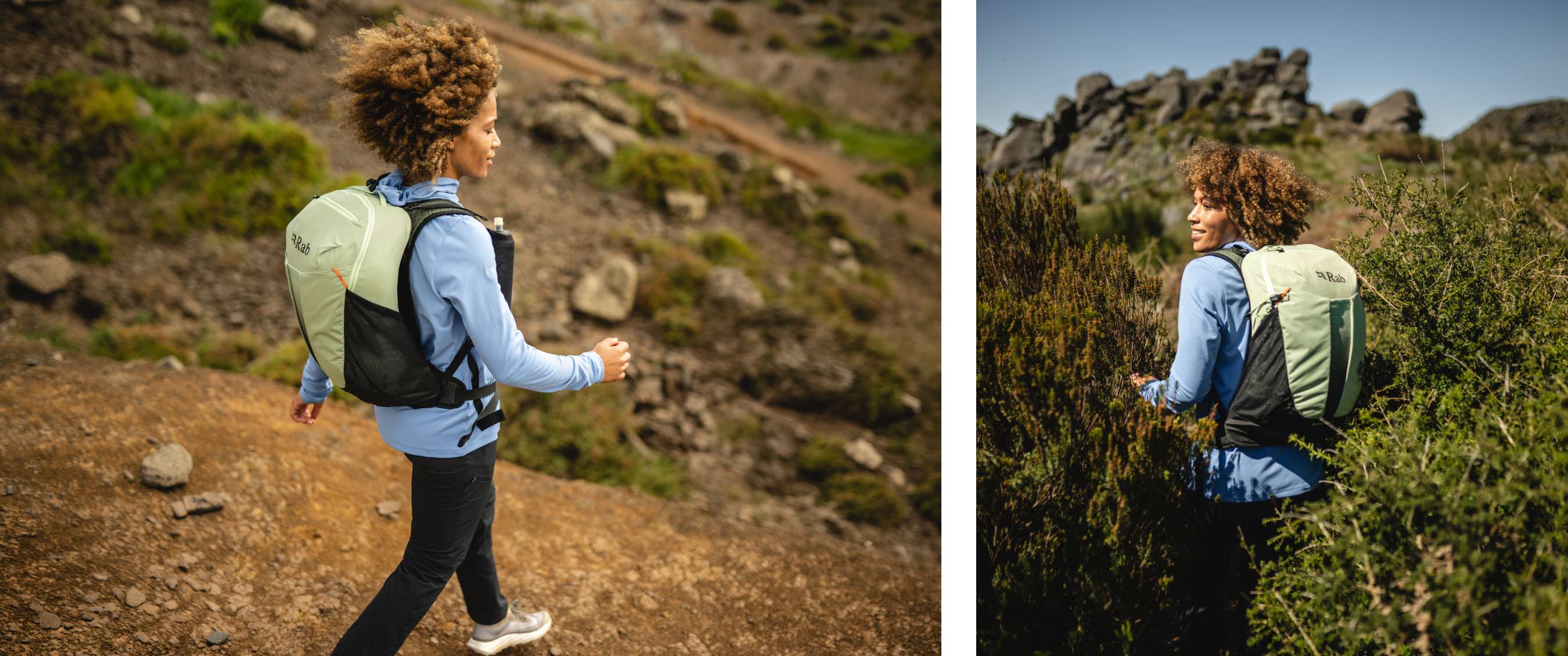 Twee beelden: wandelaar op een bergpad met lichtgroene rugzak; vrouw kijkt om met rugzak in rotsachtig landschap