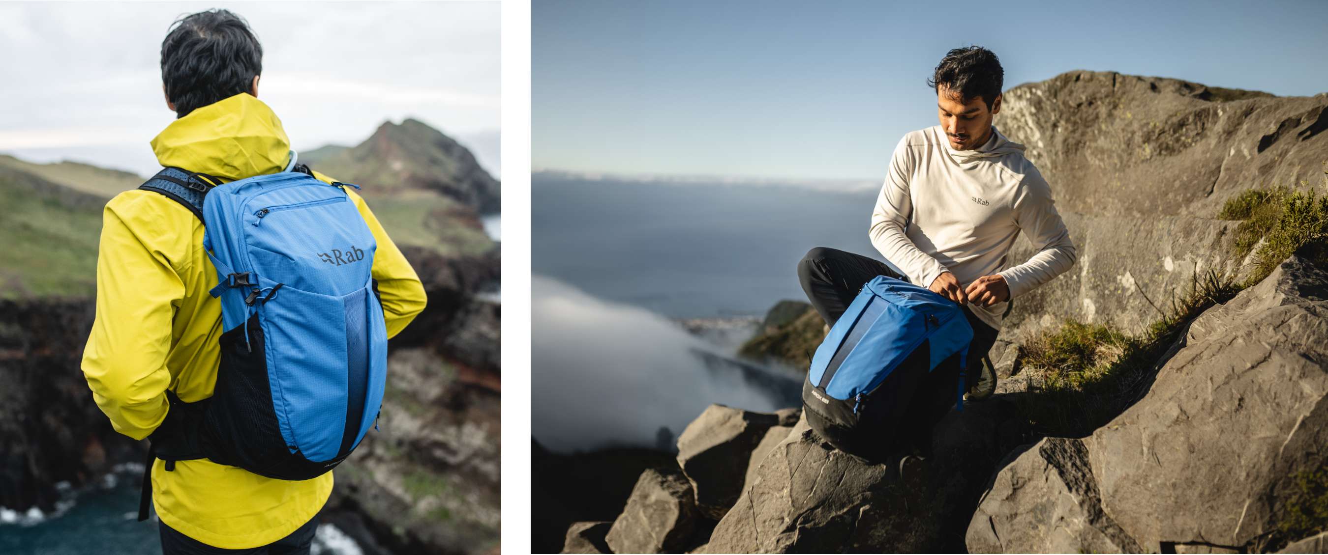 Twee beelden: Rab-rugzak op rug van wandelaar aan de kust; man met blauwe rugzak op een rotsachtig uitzichtpunt