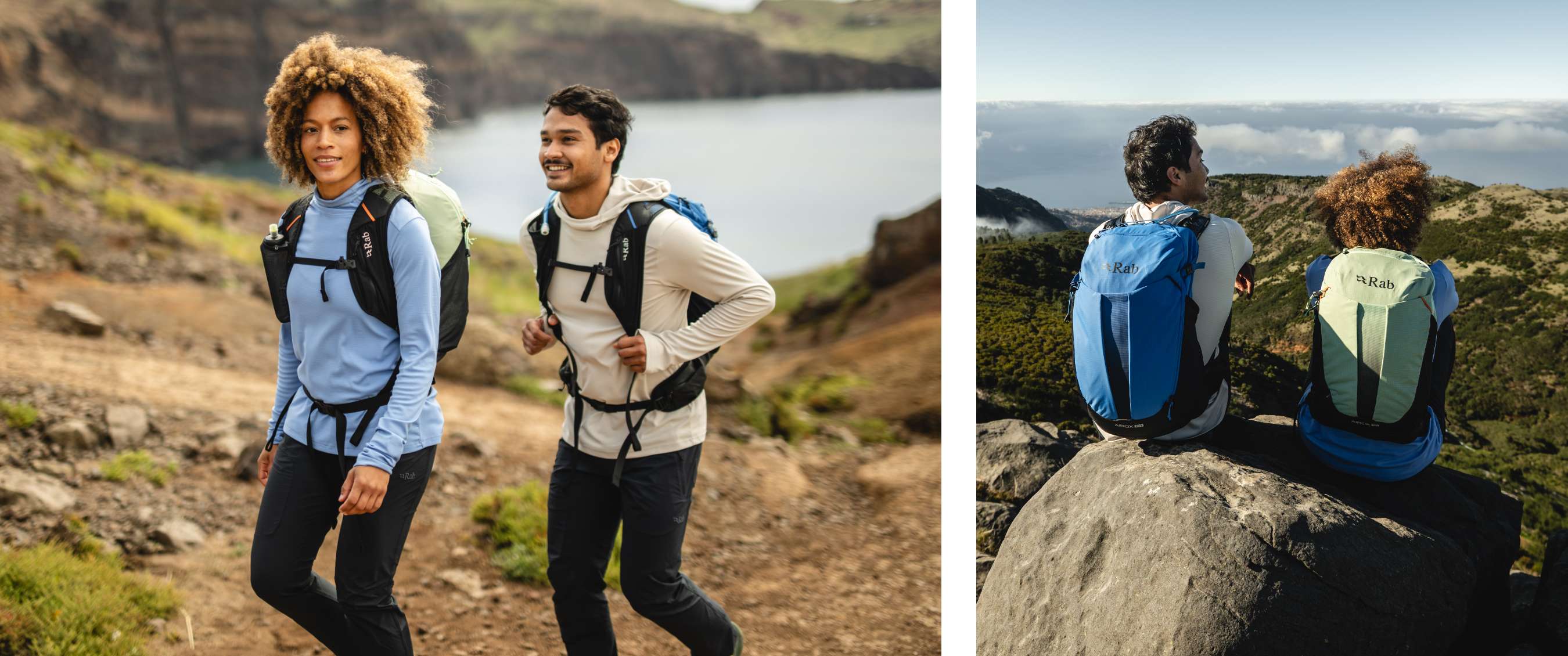 Twee beelden: vrouw en man wandelen in rotsachtig landschap; twee wandelaars met rugzakken kijken uit over heuvels
