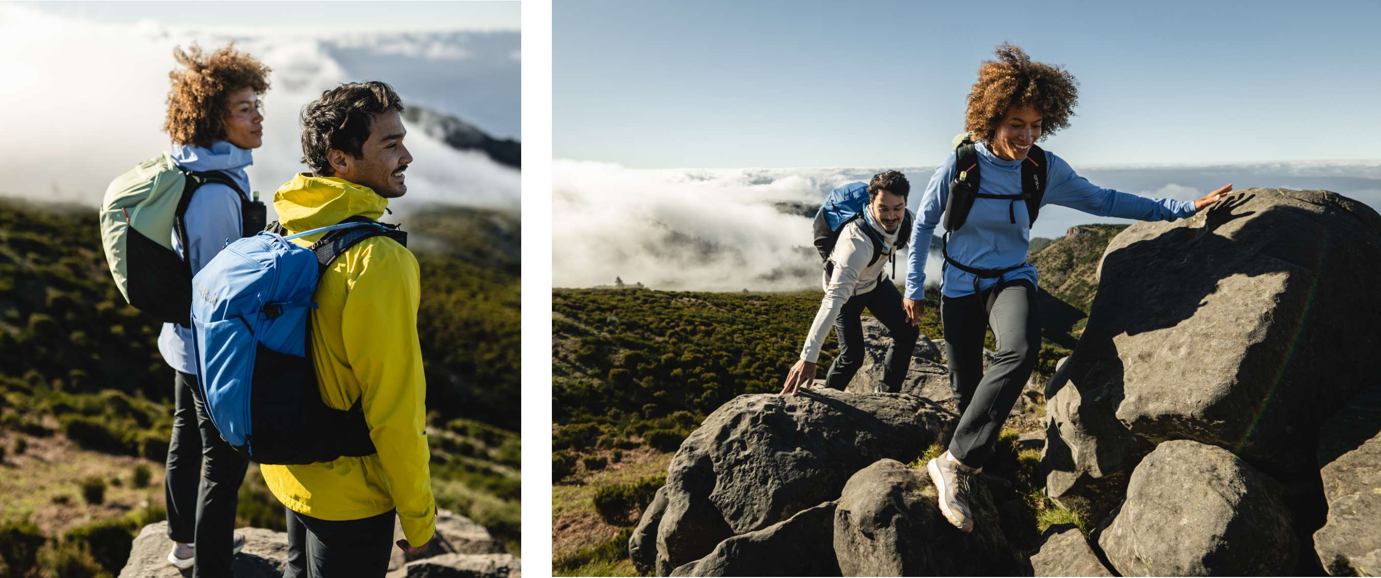 Twee beelden: duo met Rab-rugzakken op een hoog uitzichtpunt; wandelaars bewegen tussen rotsblokken op een helling