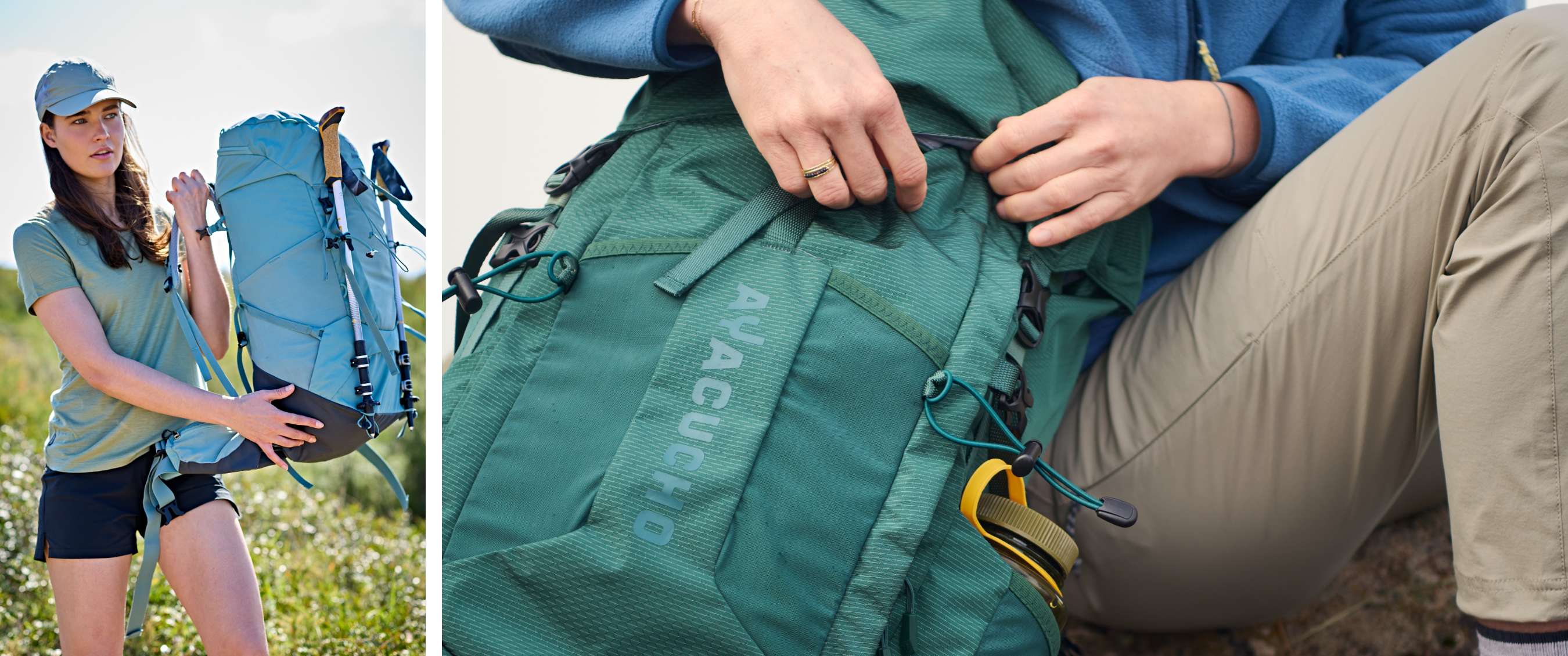 Twee beelden: persoon toont buiten een lichtblauwe wandelrugzak; handen sluiten een groene rugzak met opdruk.